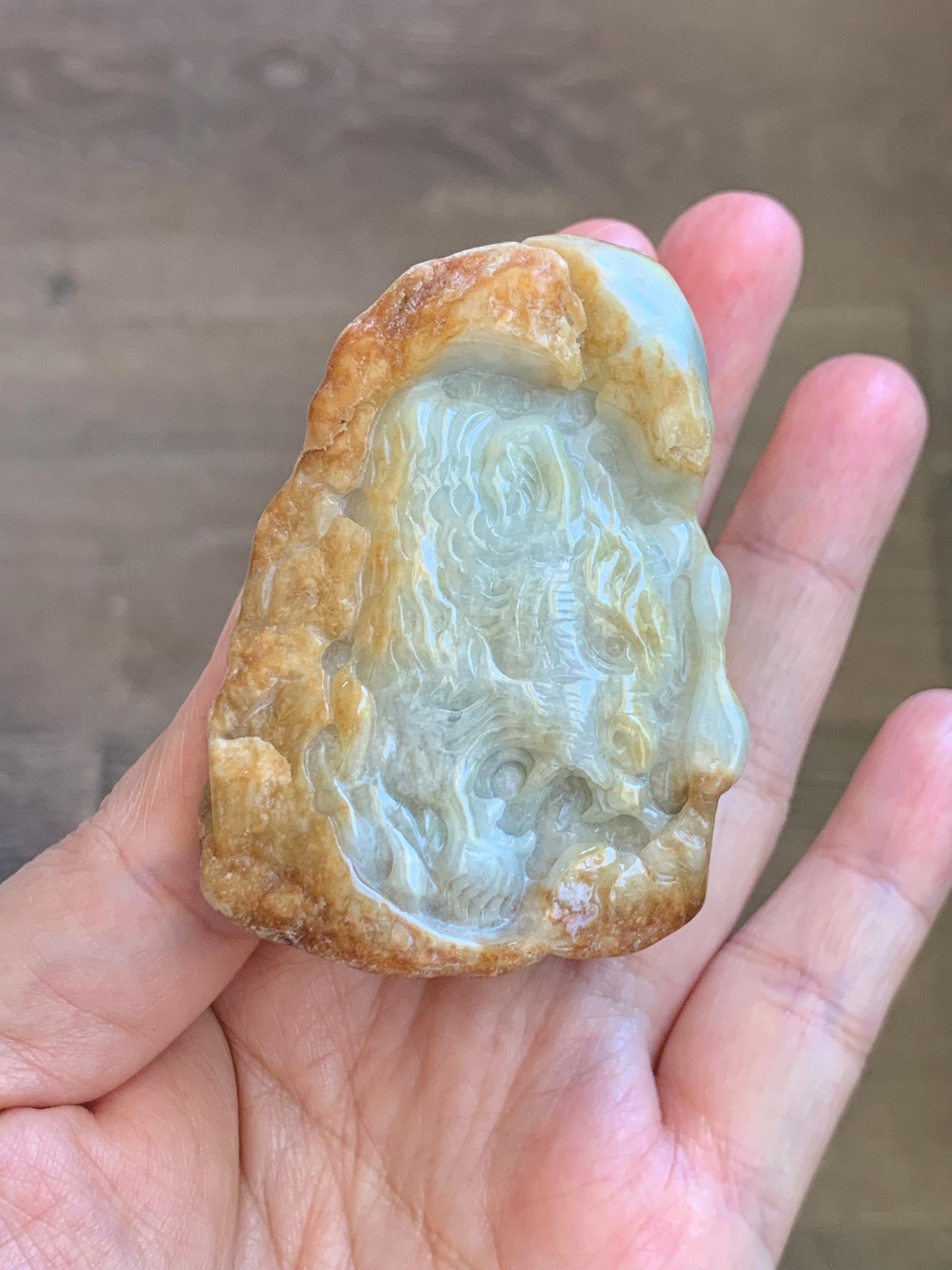 Grade A Natural White Jade Jadeite with Brown Rind Tiger Carved Rock Tea Pet Pal Home Decor Book End 116g 天然翡翠皮壳料老虎雕茶宠 MSS125
