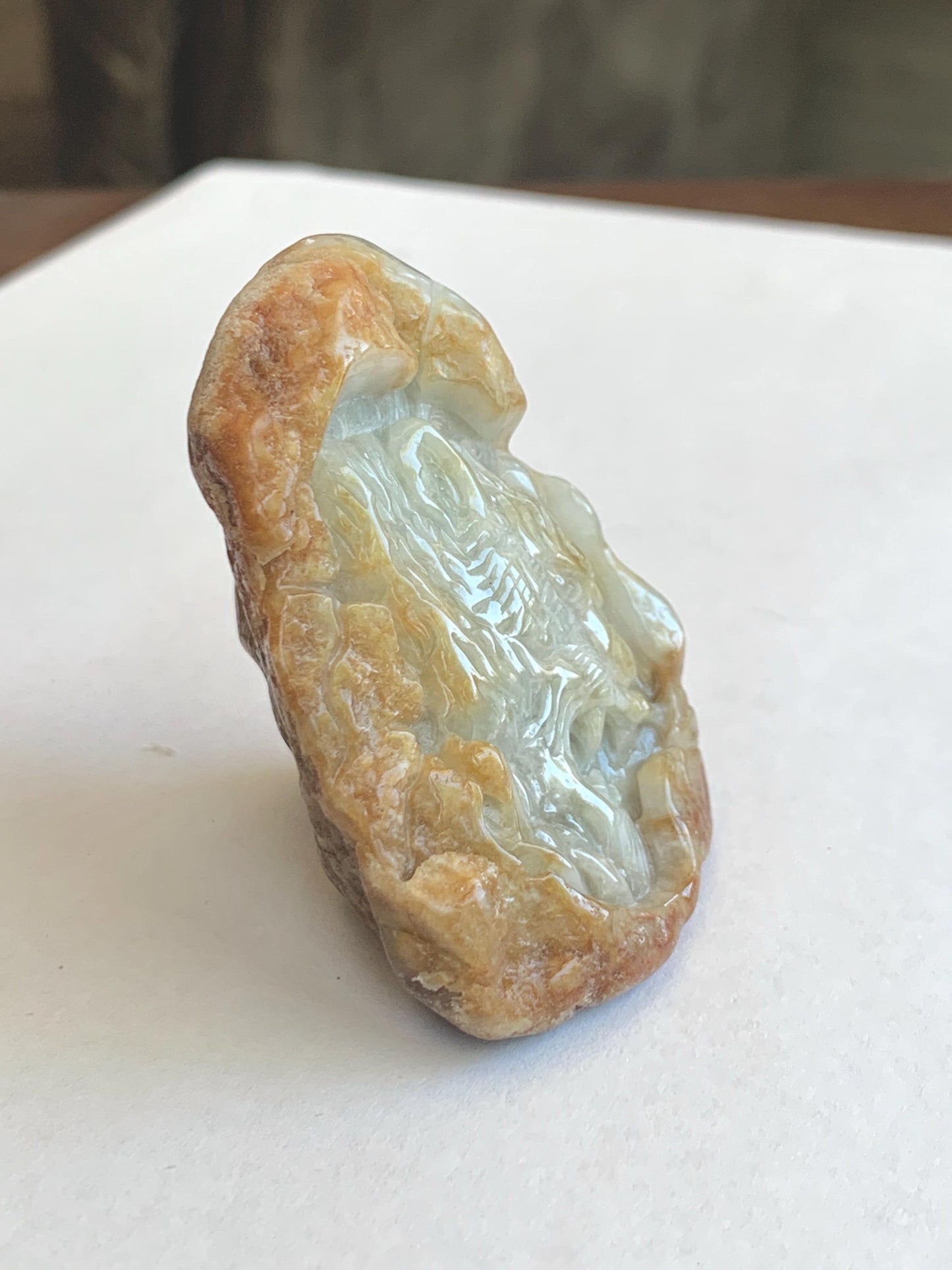 Grade A Natural White Jade Jadeite with Brown Rind Tiger Carved Rock Tea Pet Pal Home Decor Book End 116g 天然翡翠皮壳料老虎雕茶宠 MSS125