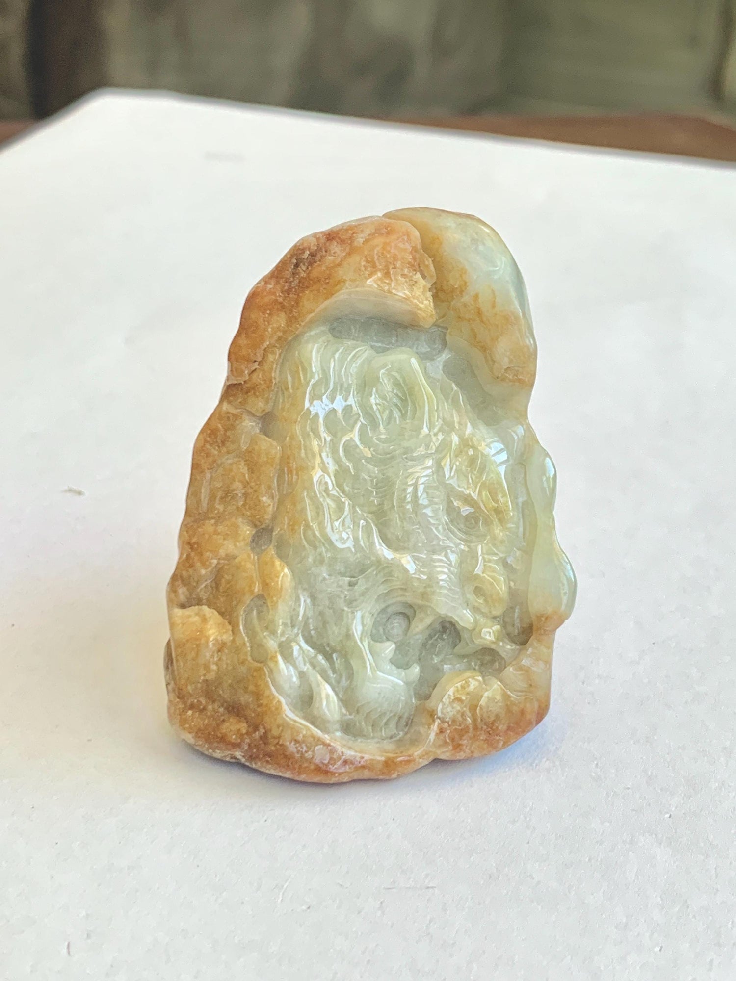 Grade A Natural White Jade Jadeite with Brown Rind Tiger Carved Rock Tea Pet Pal Home Decor Book End 116g 天然翡翠皮壳料老虎雕茶宠 MSS125