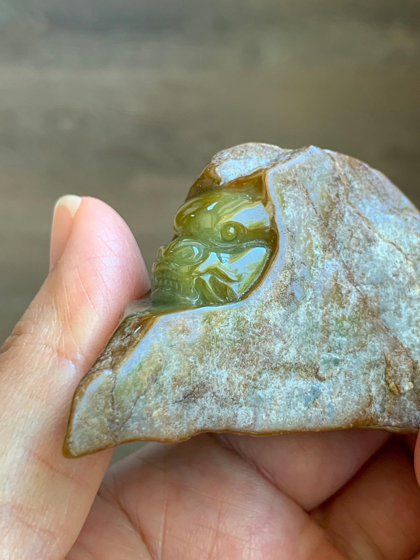 Grade A Natural Guatemalan Yellow Jade Jadeite with Brown Rind Dragon Carved Rock Tea Pet Pal Home Decor Book End 73g 天然冰危翡翠皮壳料龙头雕茶宠 WSS125
