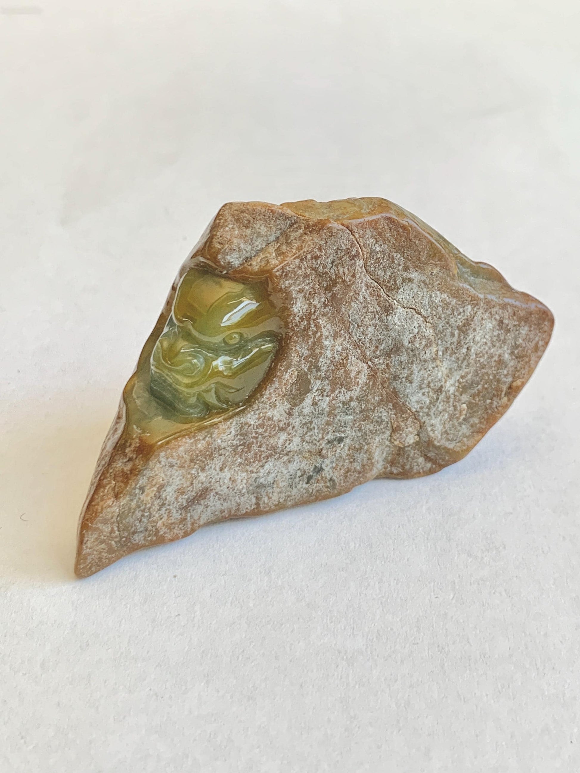 Grade A Natural Guatemalan Yellow Jade Jadeite with Brown Rind Dragon Carved Rock Tea Pet Pal Home Decor Book End 73g 天然冰危翡翠皮壳料龙头雕茶宠 WSS125