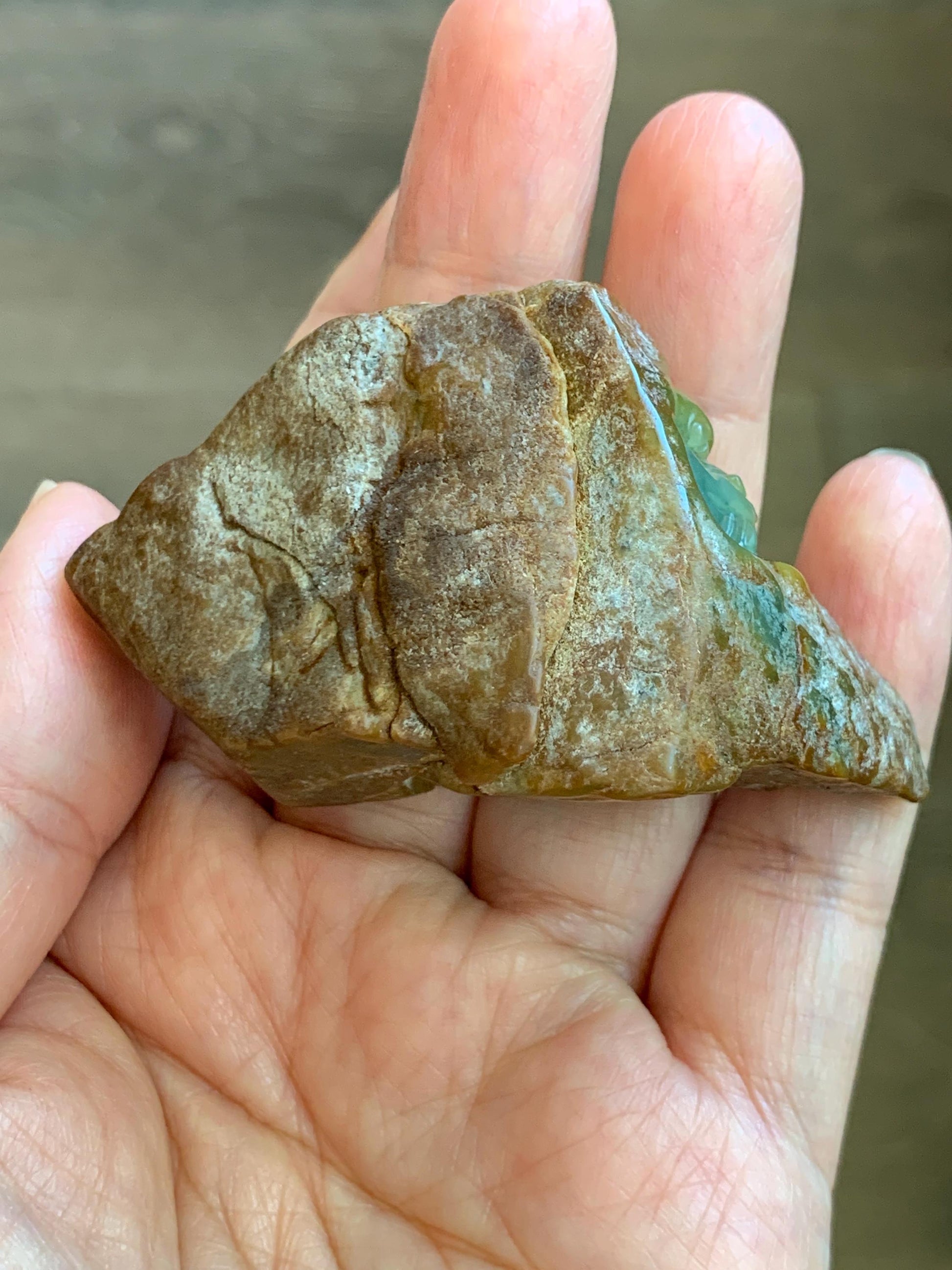 Grade A Natural Guatemalan Yellow Jade Jadeite with Brown Rind Dragon Carved Rock Tea Pet Pal Home Decor Book End 73g 天然冰危翡翠皮壳料龙头雕茶宠 WSS125