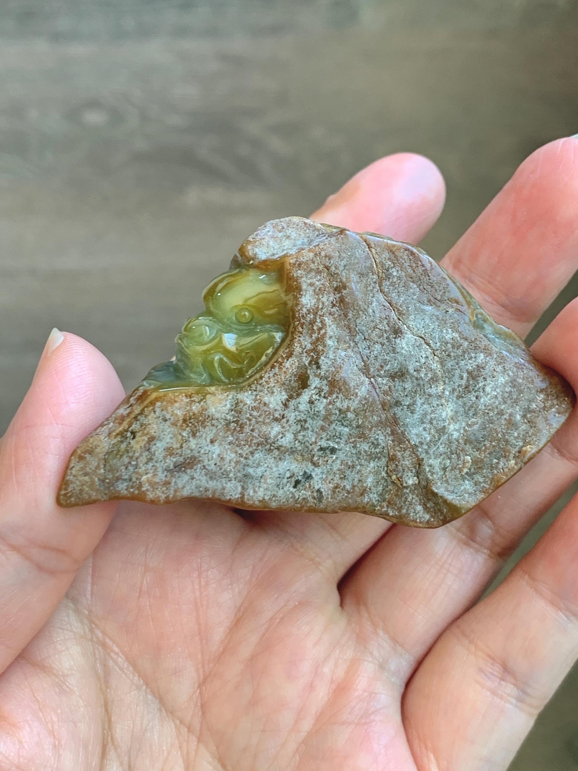 Grade A Natural Guatemalan Yellow Jade Jadeite with Brown Rind Dragon Carved Rock Tea Pet Pal Home Decor Book End 73g 天然冰危翡翠皮壳料龙头雕茶宠 WSS125