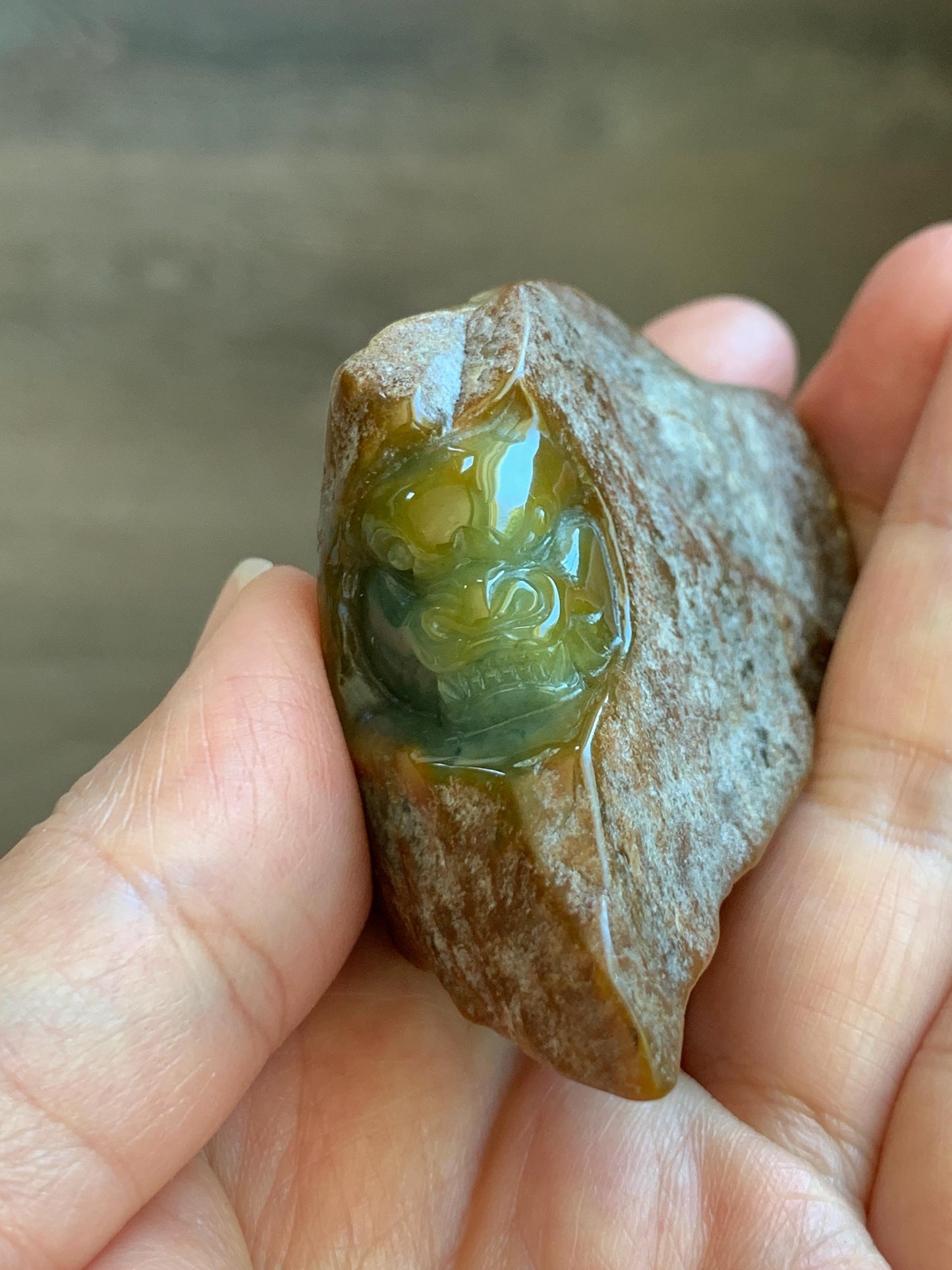Grade A Natural Guatemalan Yellow Jade Jadeite with Brown Rind Dragon Carved Rock Tea Pet Pal Home Decor Book End 73g 天然冰危翡翠皮壳料龙头雕茶宠 WSS125