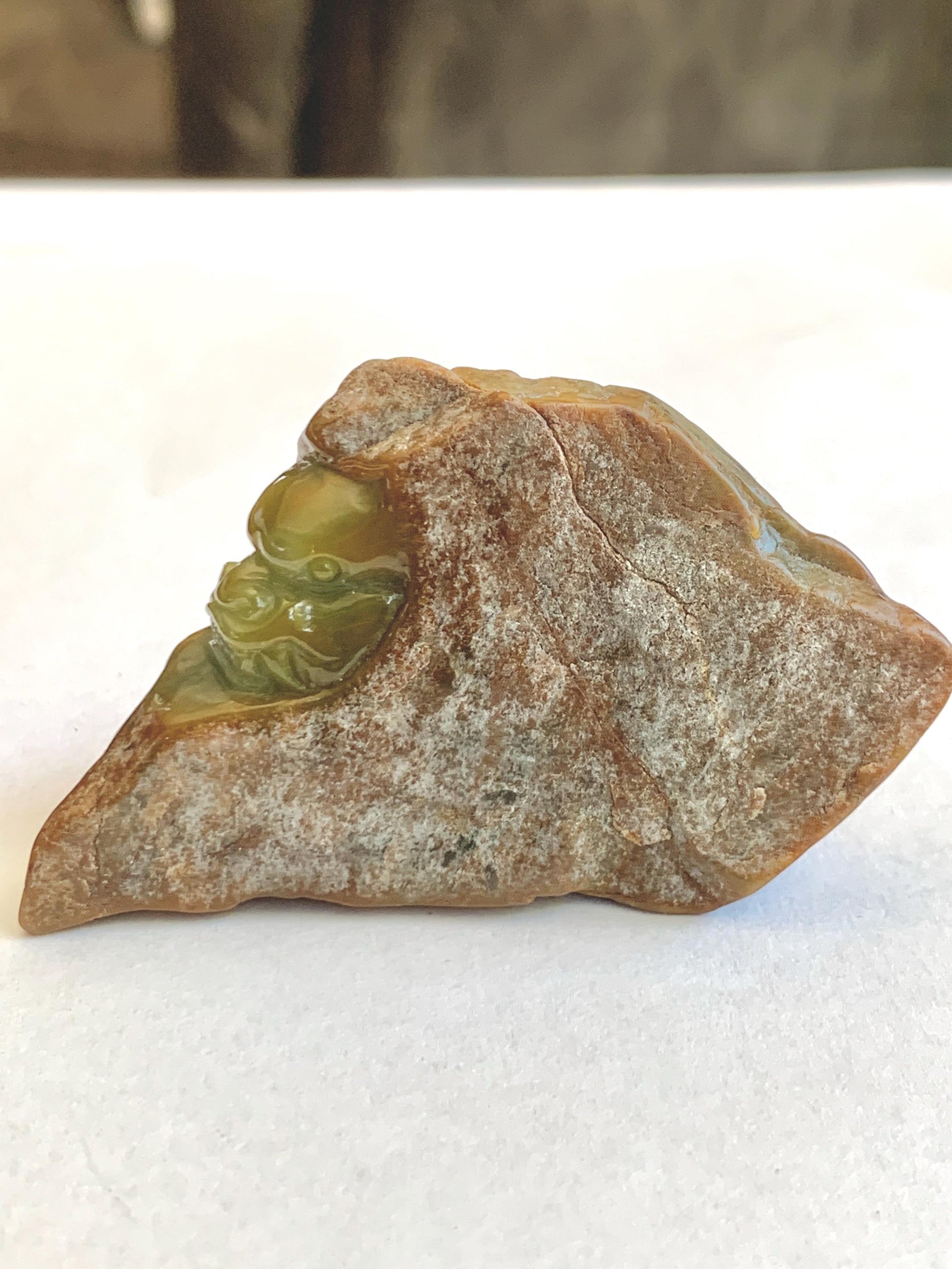 Grade A Natural Guatemalan Yellow Jade Jadeite with Brown Rind Dragon Carved Rock Tea Pet Pal Home Decor Book End 73g 天然冰危翡翠皮壳料龙头雕茶宠 WSS125