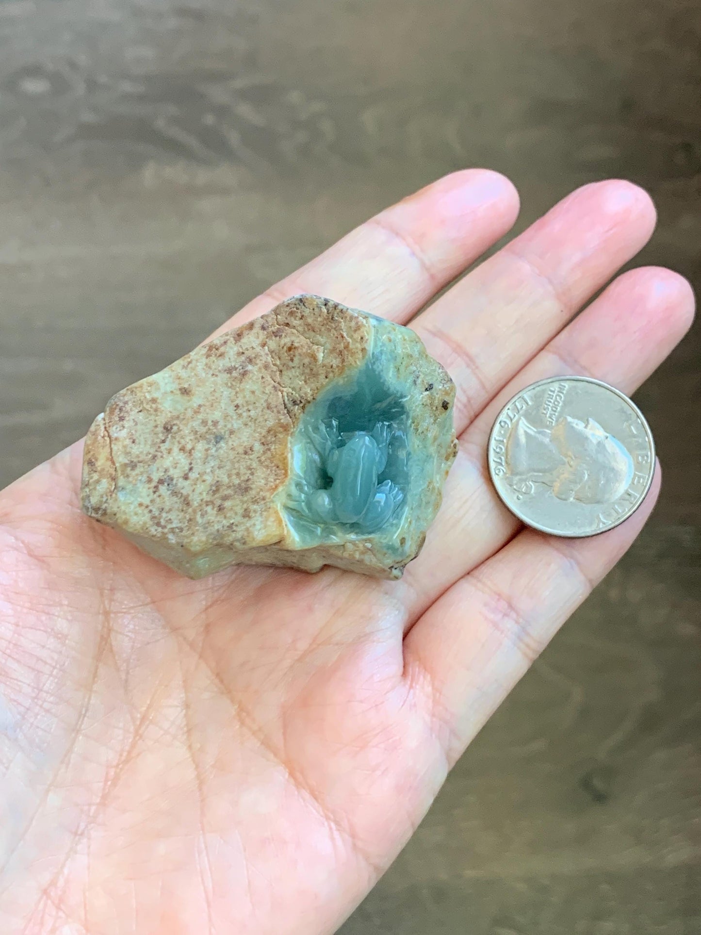 Grade A Natural Guatemalan Dusty Blue Jade Jadeite with Brown Rind Frog Carved Rock Tea Pet Pal Home Decor Book End 70g 天然冰危翡翠皮壳料青蛙茶宠 WLC125