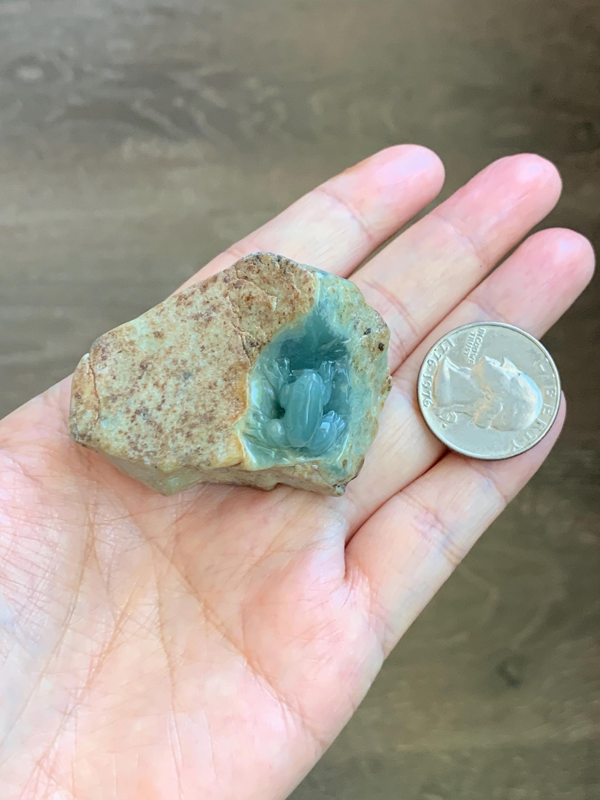 Grade A Natural Guatemalan Dusty Blue Jade Jadeite with Brown Rind Frog Carved Rock Tea Pet Pal Home Decor Book End 70g 天然冰危翡翠皮壳料青蛙茶宠 WLC125