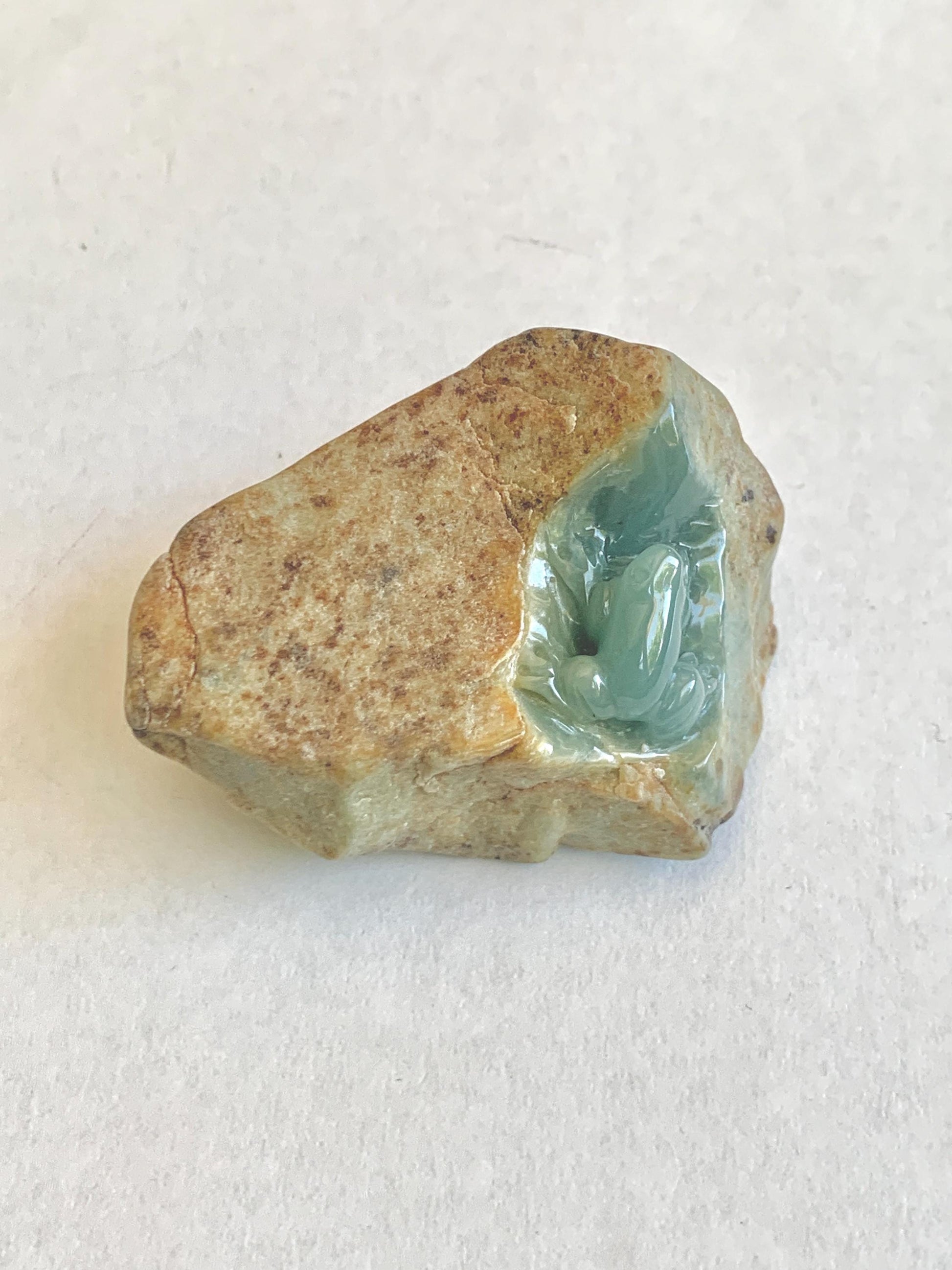 Grade A Natural Guatemalan Dusty Blue Jade Jadeite with Brown Rind Frog Carved Rock Tea Pet Pal Home Decor Book End 70g 天然冰危翡翠皮壳料青蛙茶宠 WLC125