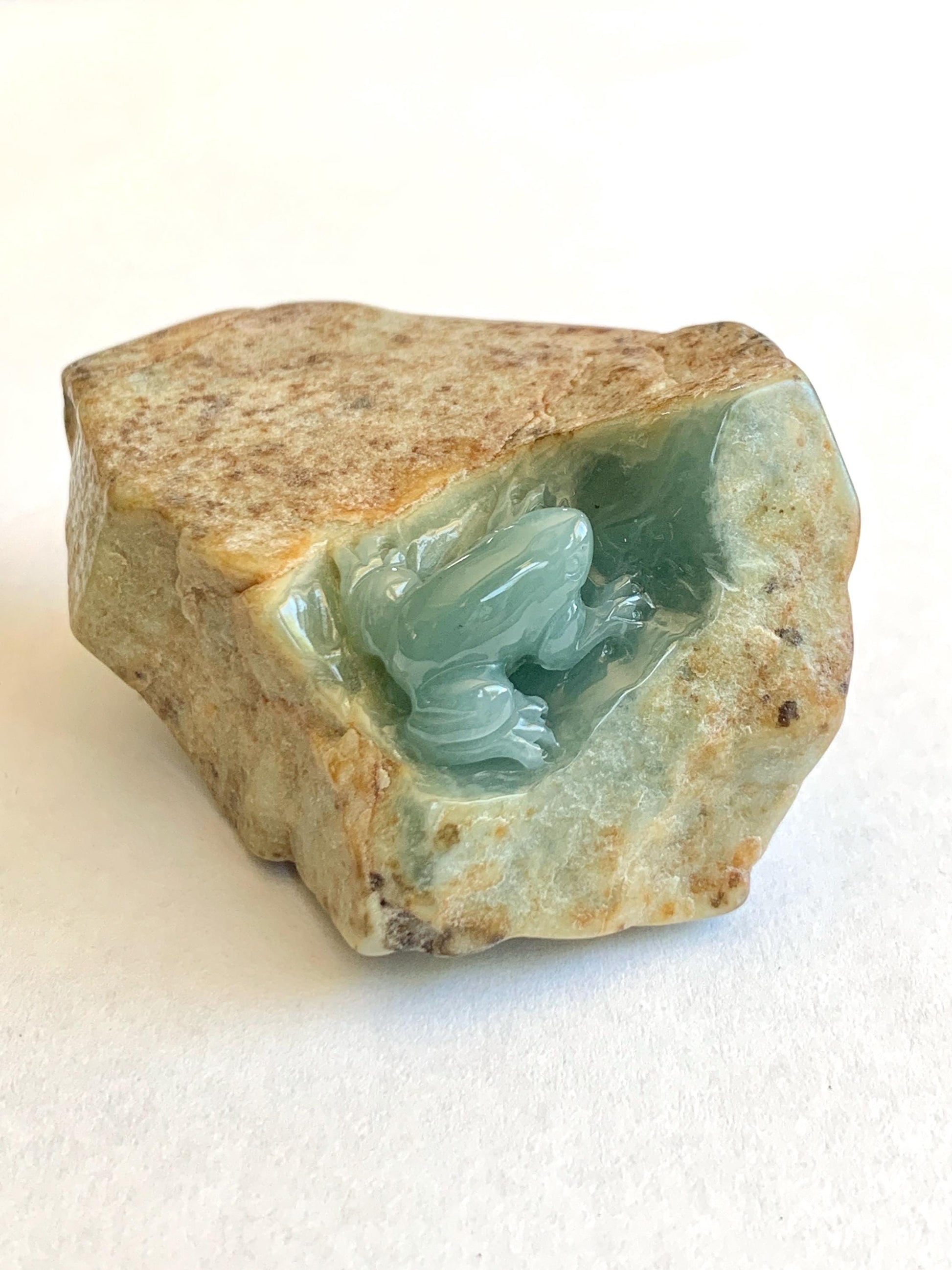 Grade A Natural Guatemalan Dusty Blue Jade Jadeite with Brown Rind Frog Carved Rock Tea Pet Pal Home Decor Book End 70g 天然冰危翡翠皮壳料青蛙茶宠 WLC125