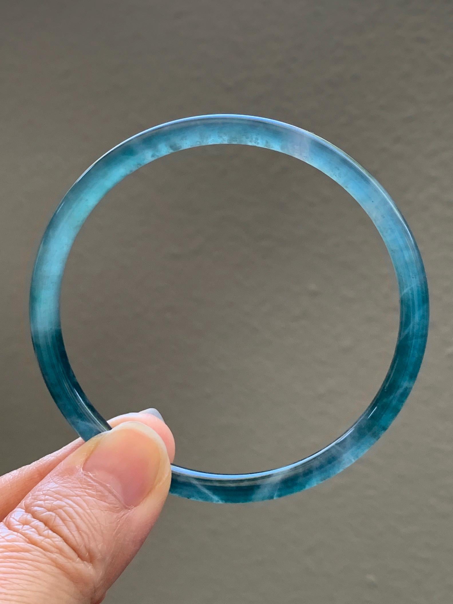 Certified Natural Grade A Guatemalan Icy Translucent Dark Teal Green Jade Jadeite Slim Bangle 60.33mm 7.46” 15.25g 天然冰胶危深蓝绿翡翠细圆条手镯 1186
