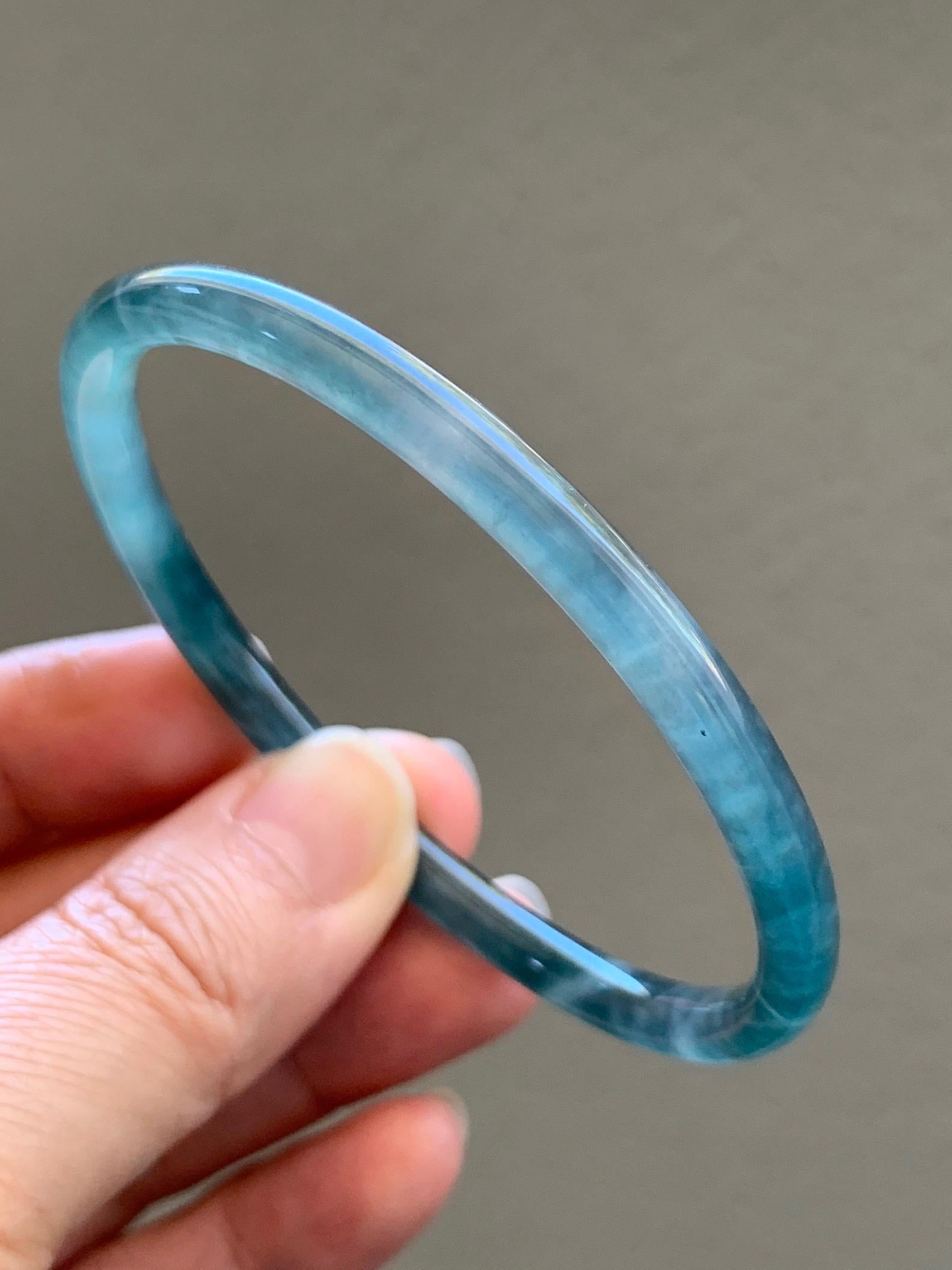 Certified Natural Grade A Guatemalan Icy Translucent Dark Teal Green Jade Jadeite Slim Bangle 60.33mm 7.46” 15.25g 天然冰胶危深蓝绿翡翠细圆条手镯 1186