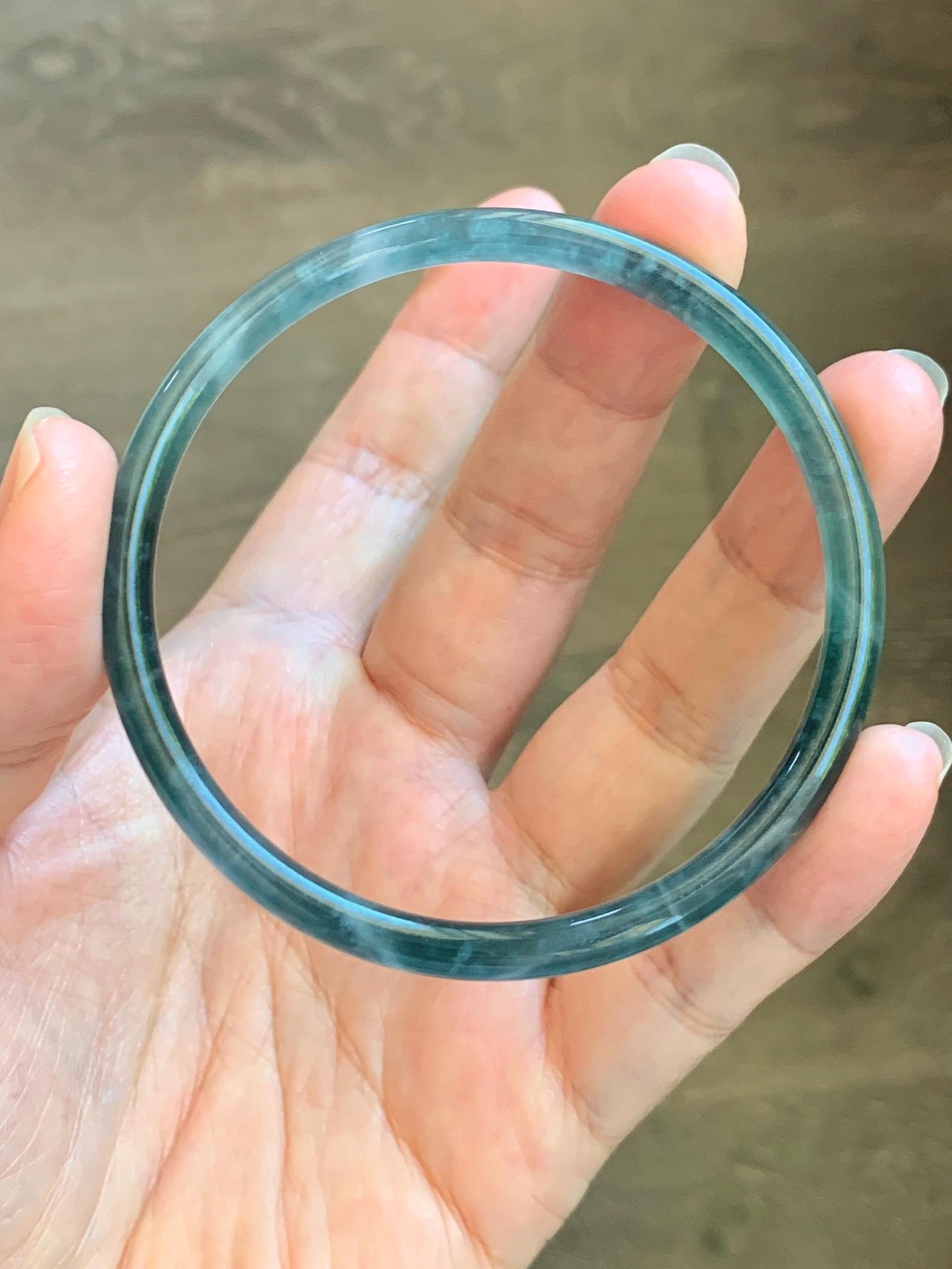 Certified Natural Grade A Guatemalan Icy Translucent Dark Teal Green Jade Jadeite Slim Bangle 60.33mm 7.46” 15.25g 天然冰胶危深蓝绿翡翠细圆条手镯 1186