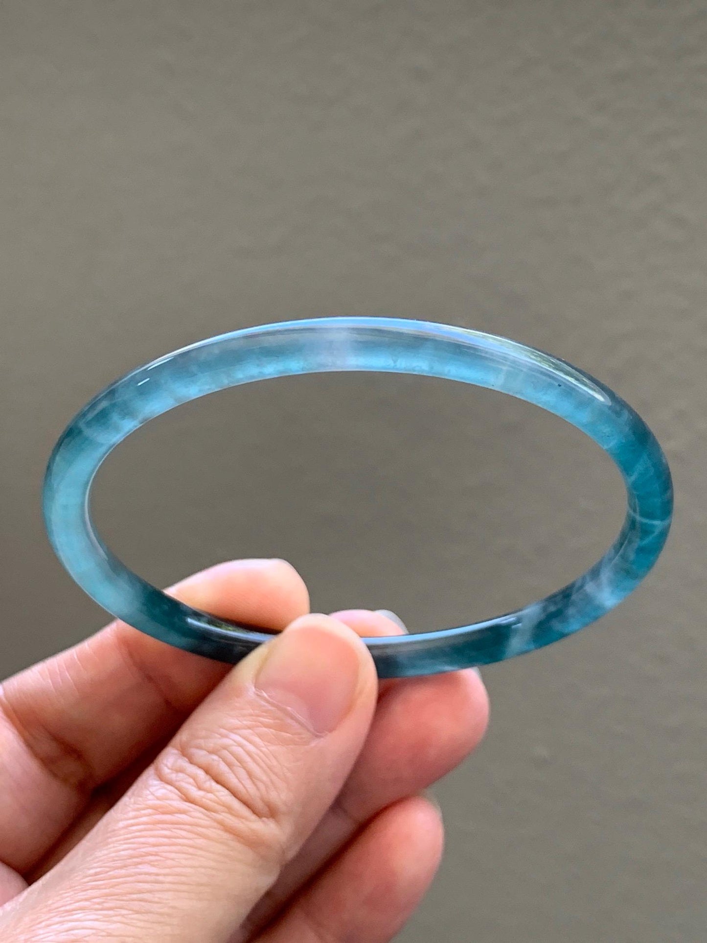 Certified Natural Grade A Guatemalan Icy Translucent Dark Teal Green Jade Jadeite Slim Bangle 60.33mm 7.46” 15.25g 天然冰胶危深蓝绿翡翠细圆条手镯 1186