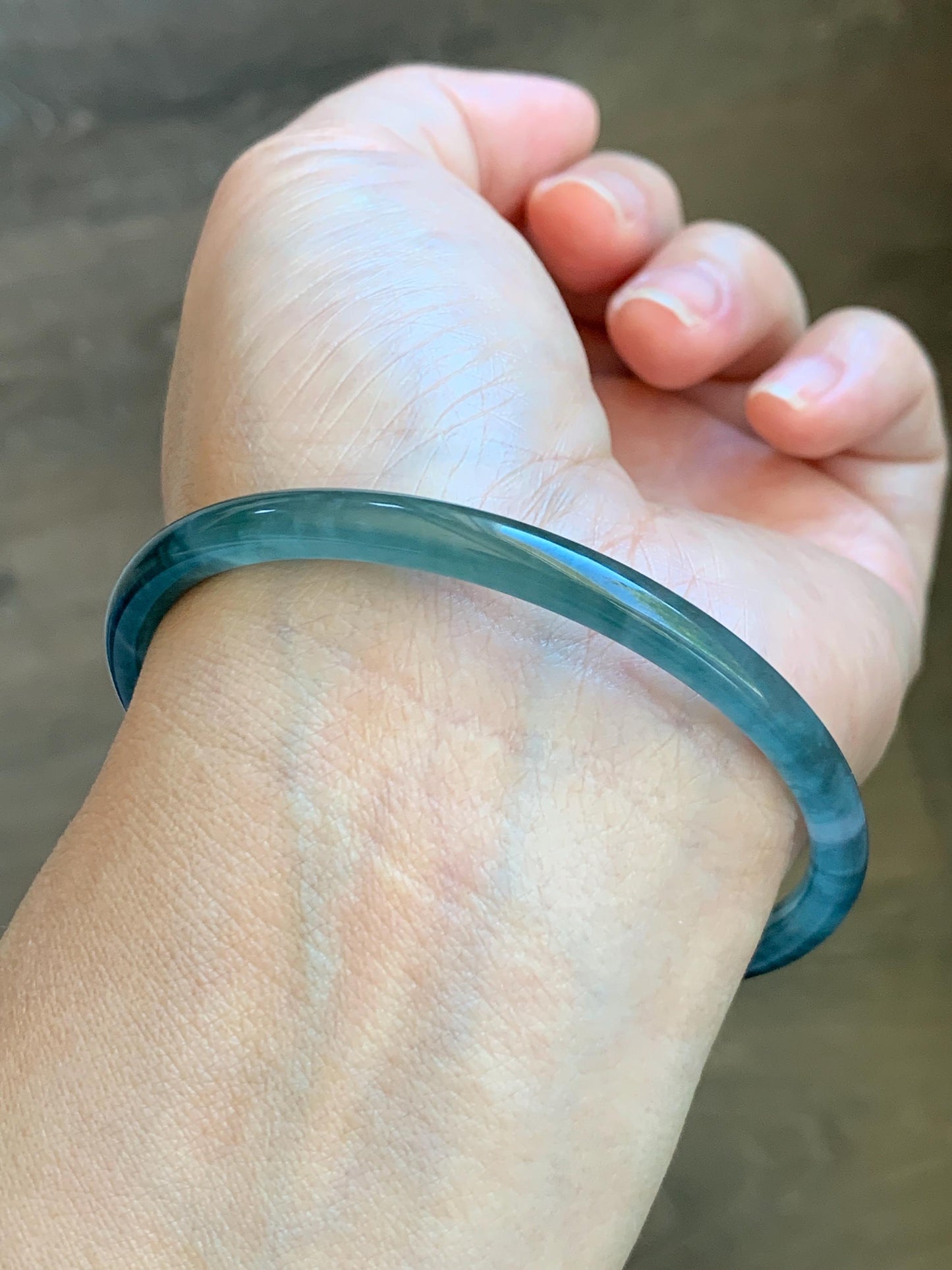 Certified Natural Grade A Guatemalan Icy Translucent Dark Teal Green Jade Jadeite Slim Bangle 60.33mm 7.46” 15.25g 天然冰胶危深蓝绿翡翠细圆条手镯 1186