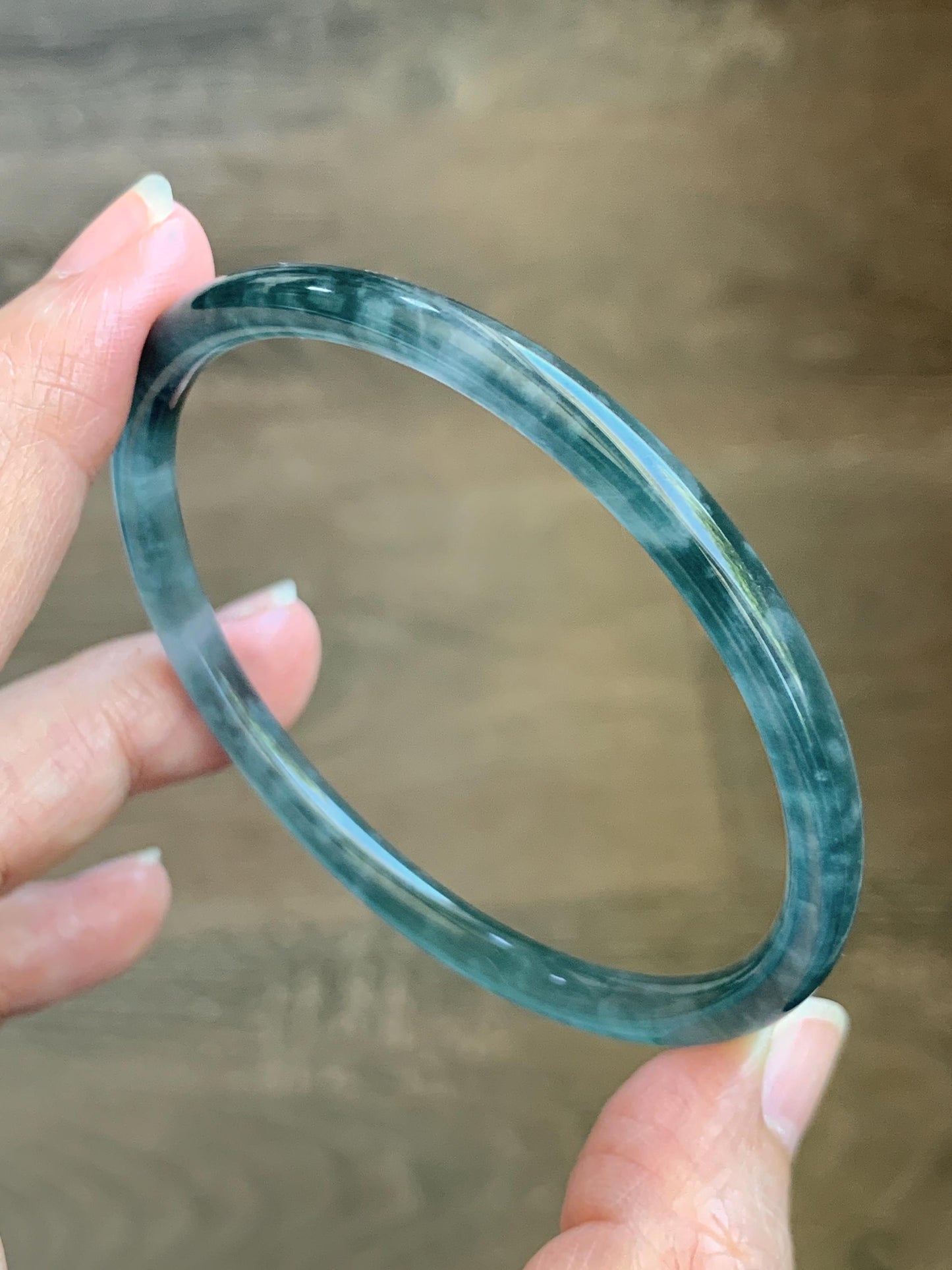 Certified Natural Grade A Guatemalan Icy Translucent Dark Teal Green Jade Jadeite Slim Bangle 60.33mm 7.46” 15.25g 天然冰胶危深蓝绿翡翠细圆条手镯 1186