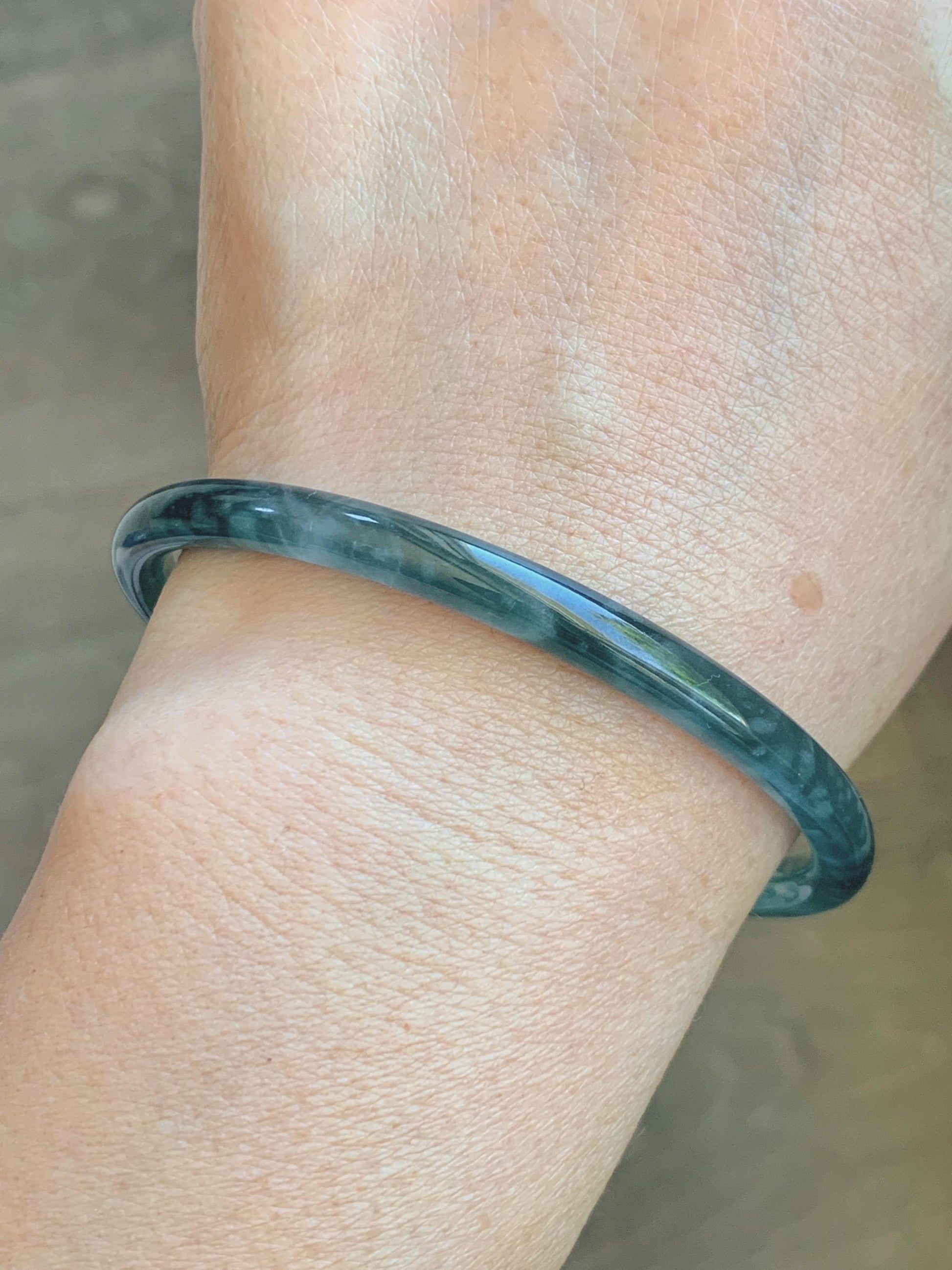 Certified Natural Grade A Guatemalan Icy Translucent Dark Teal Green Jade Jadeite Slim Bangle 60.33mm 7.46” 15.25g 天然冰胶危深蓝绿翡翠细圆条手镯 1186