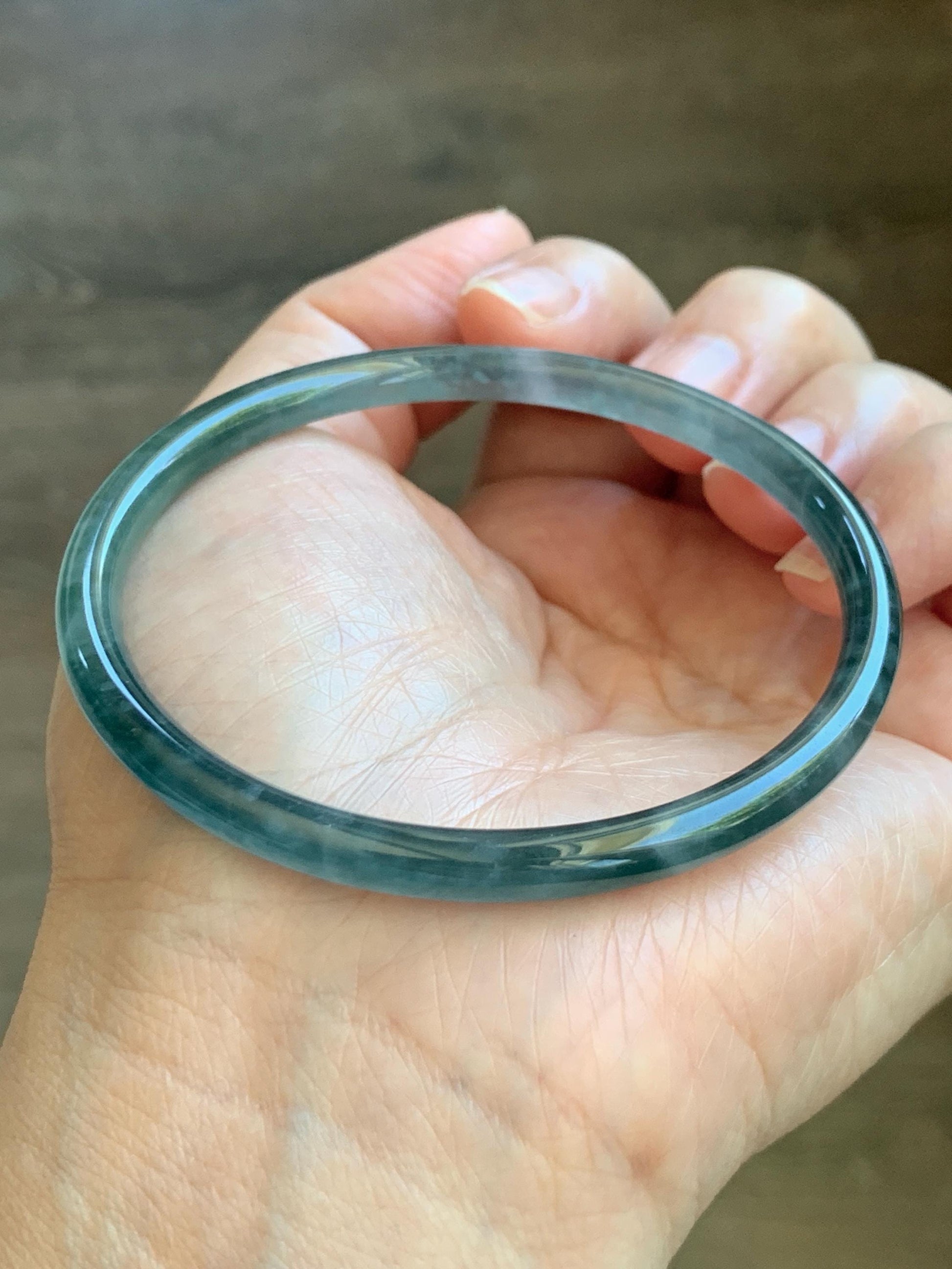Certified Natural Grade A Guatemalan Icy Translucent Dark Teal Green Jade Jadeite Slim Bangle 60.33mm 7.46” 15.25g 天然冰胶危深蓝绿翡翠细圆条手镯 1186