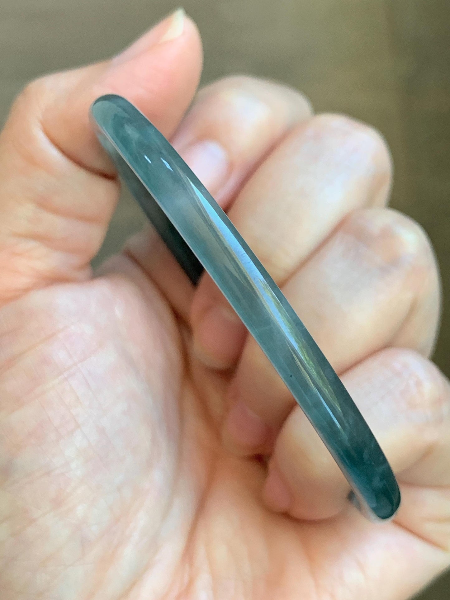 Certified Natural Grade A Guatemalan Icy Translucent Dark Teal Green Jade Jadeite Slim Bangle 60.33mm 7.46” 15.25g 天然冰胶危深蓝绿翡翠细圆条手镯 1186