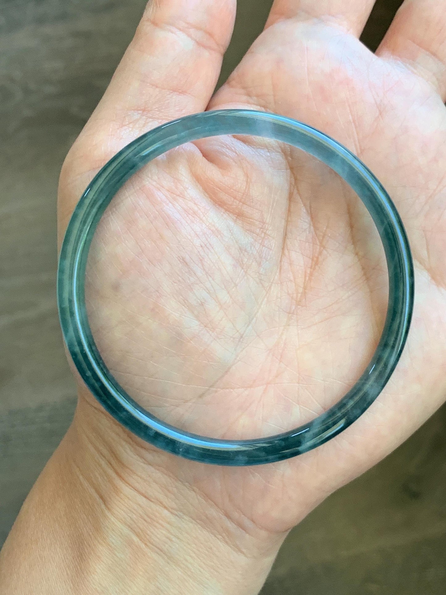 Certified Natural Grade A Guatemalan Icy Translucent Dark Teal Green Jade Jadeite Slim Bangle 60.33mm 7.46” 15.25g 天然冰胶危深蓝绿翡翠细圆条手镯 1186