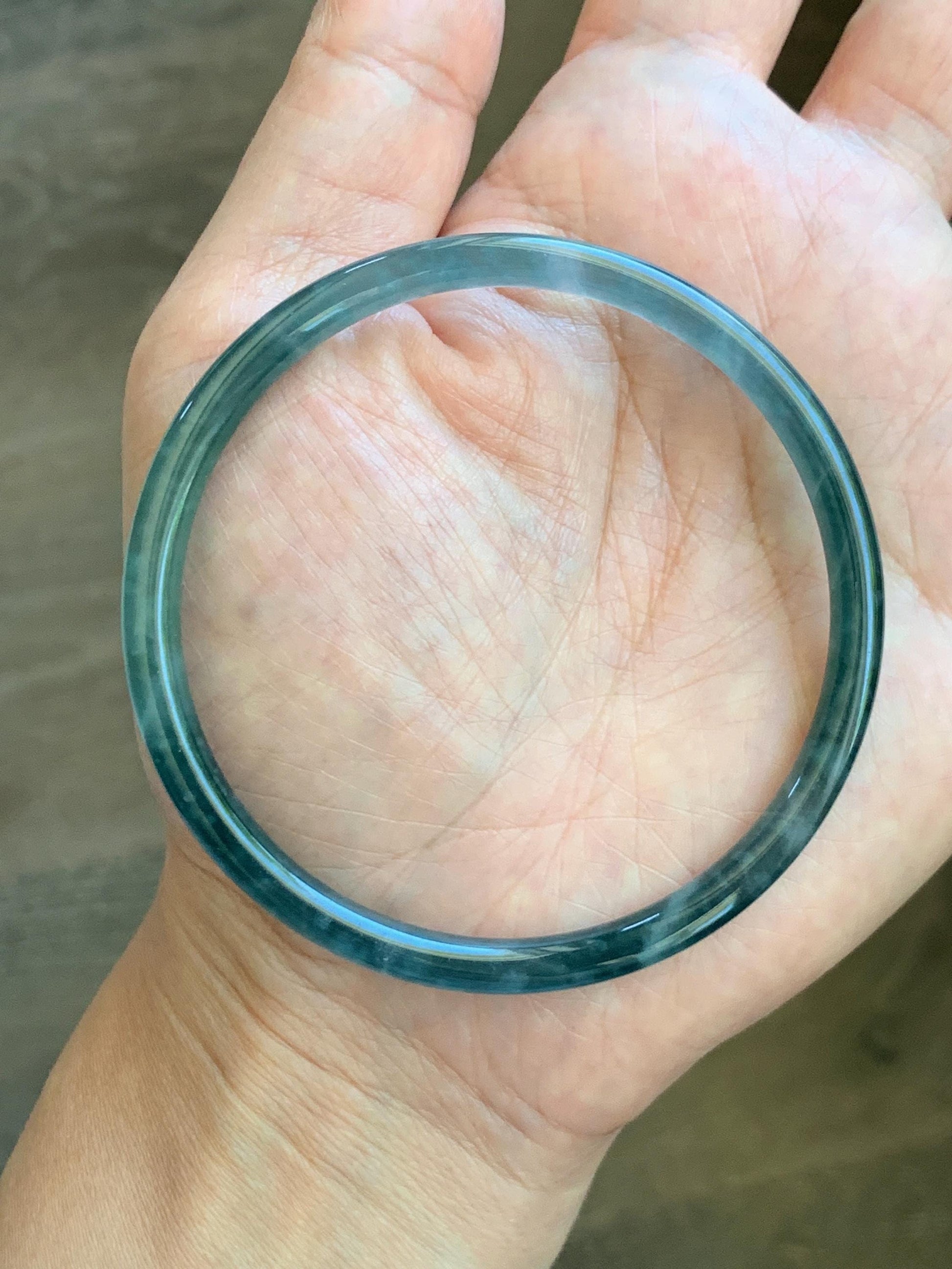Certified Natural Grade A Guatemalan Icy Translucent Dark Teal Green Jade Jadeite Slim Bangle 60.33mm 7.46” 15.25g 天然冰胶危深蓝绿翡翠细圆条手镯 1186