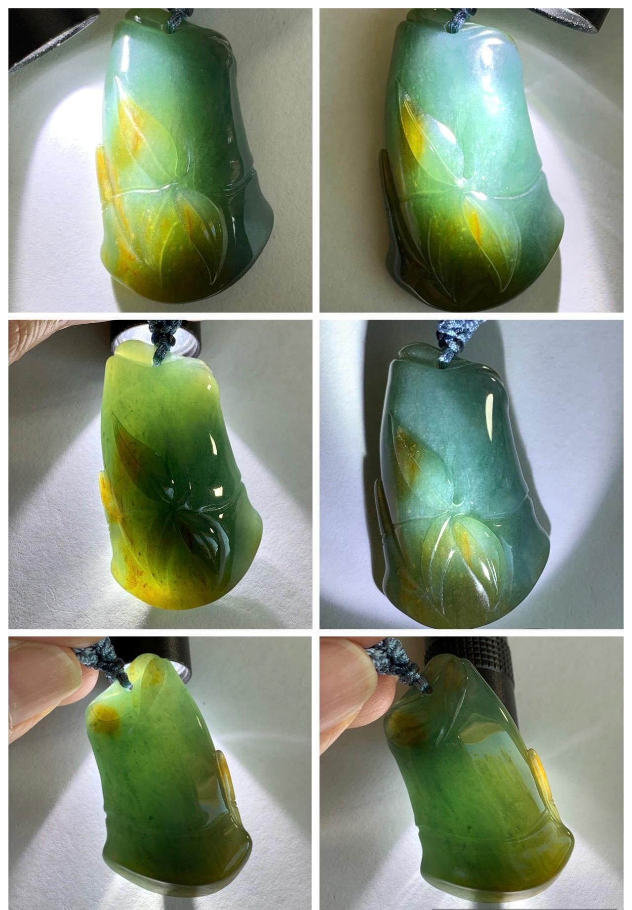 Natural Grade A Guatemalan Icy Translucent Dark Blue Yellow Marbled Jade Jadeite Bamboo Pendant Rope Necklace 27” 21g 天然冰危深蓝撒金翡翠竹节吊坠 WZJ165