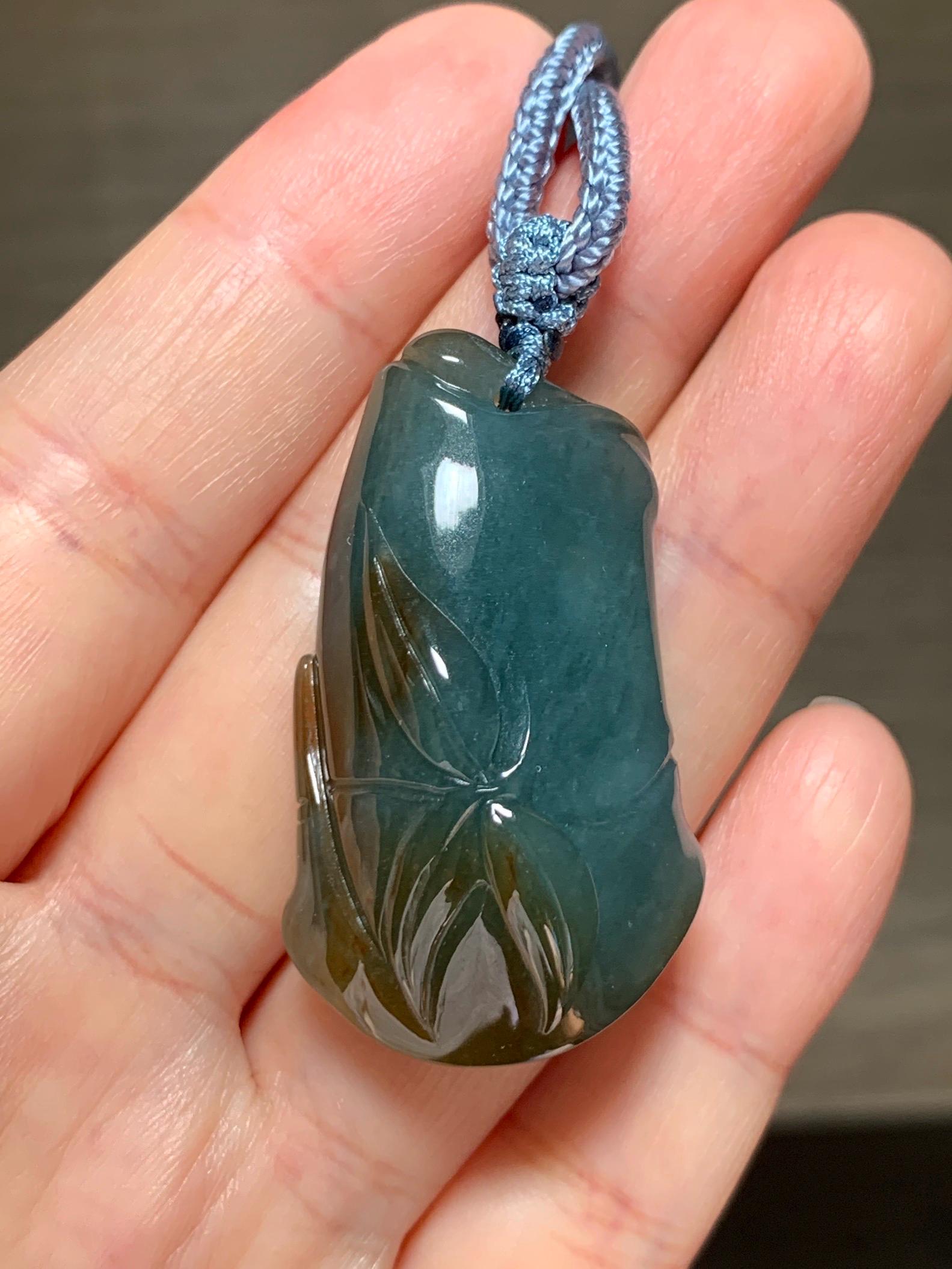 Natural Grade A Guatemalan Icy Translucent Dark Blue Yellow Marbled Jade Jadeite Bamboo Pendant Rope Necklace 27” 21g 天然冰危深蓝撒金翡翠竹节吊坠 WZJ165
