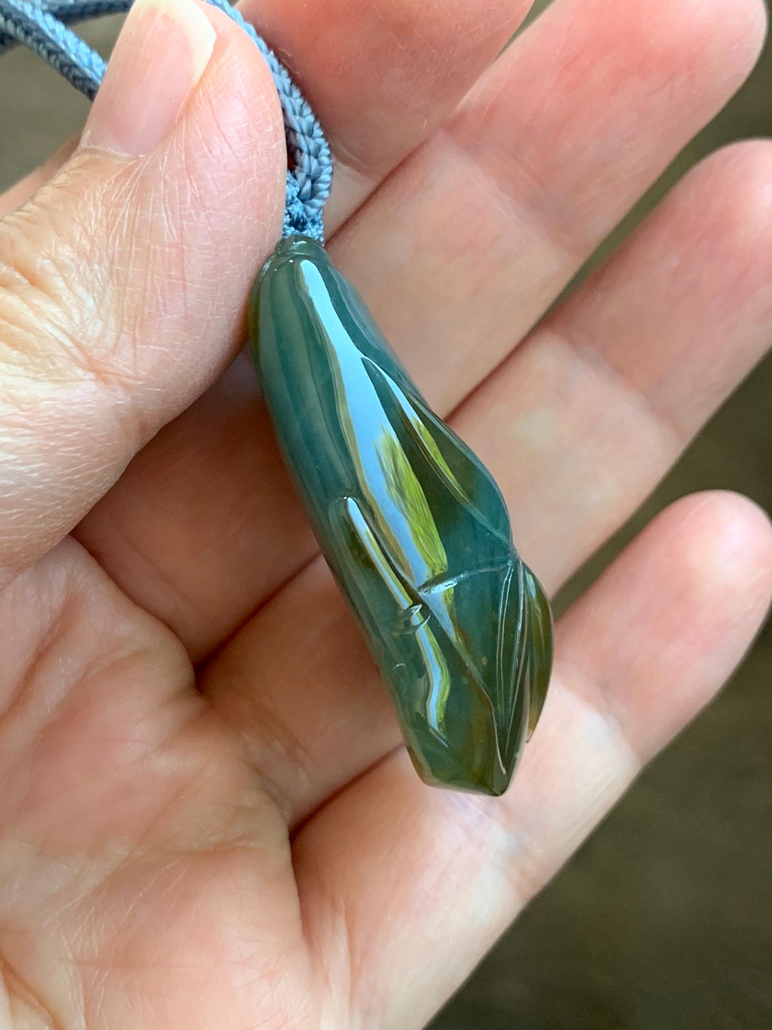 Natural Grade A Guatemalan Icy Translucent Dark Blue Yellow Marbled Jade Jadeite Bamboo Pendant Rope Necklace 27” 21g 天然冰危深蓝撒金翡翠竹节吊坠 WZJ165
