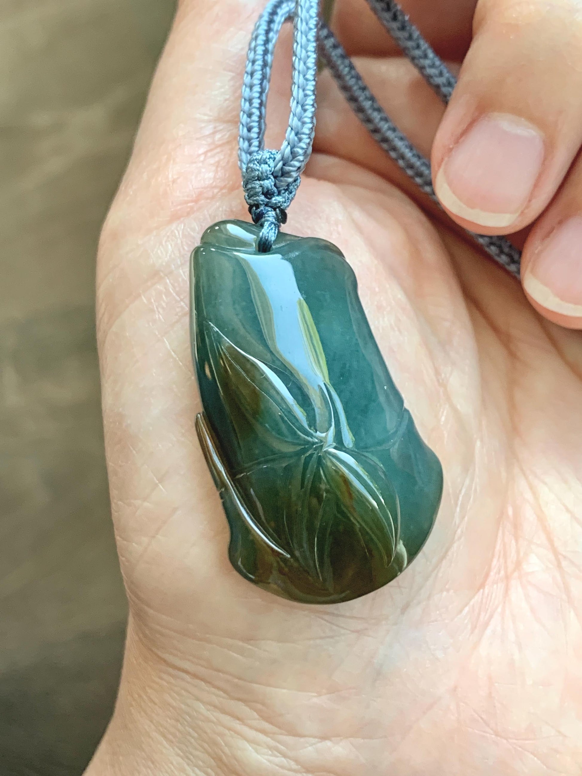 Natural Grade A Guatemalan Icy Translucent Dark Blue Yellow Marbled Jade Jadeite Bamboo Pendant Rope Necklace 27” 21g 天然冰危深蓝撒金翡翠竹节吊坠 WZJ165