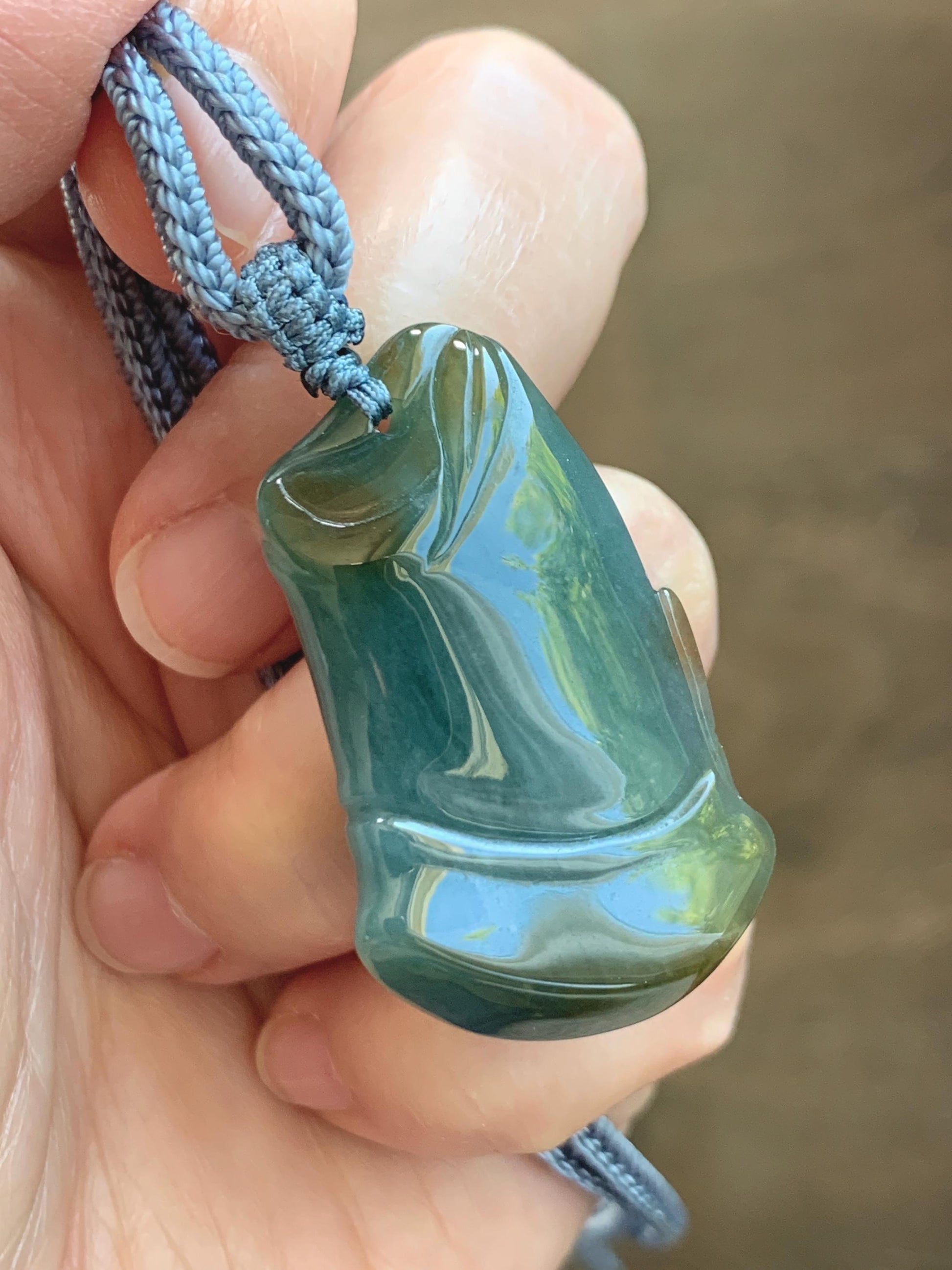 Natural Grade A Guatemalan Icy Translucent Dark Blue Yellow Marbled Jade Jadeite Bamboo Pendant Rope Necklace 27” 21g 天然冰危深蓝撒金翡翠竹节吊坠 WZJ165