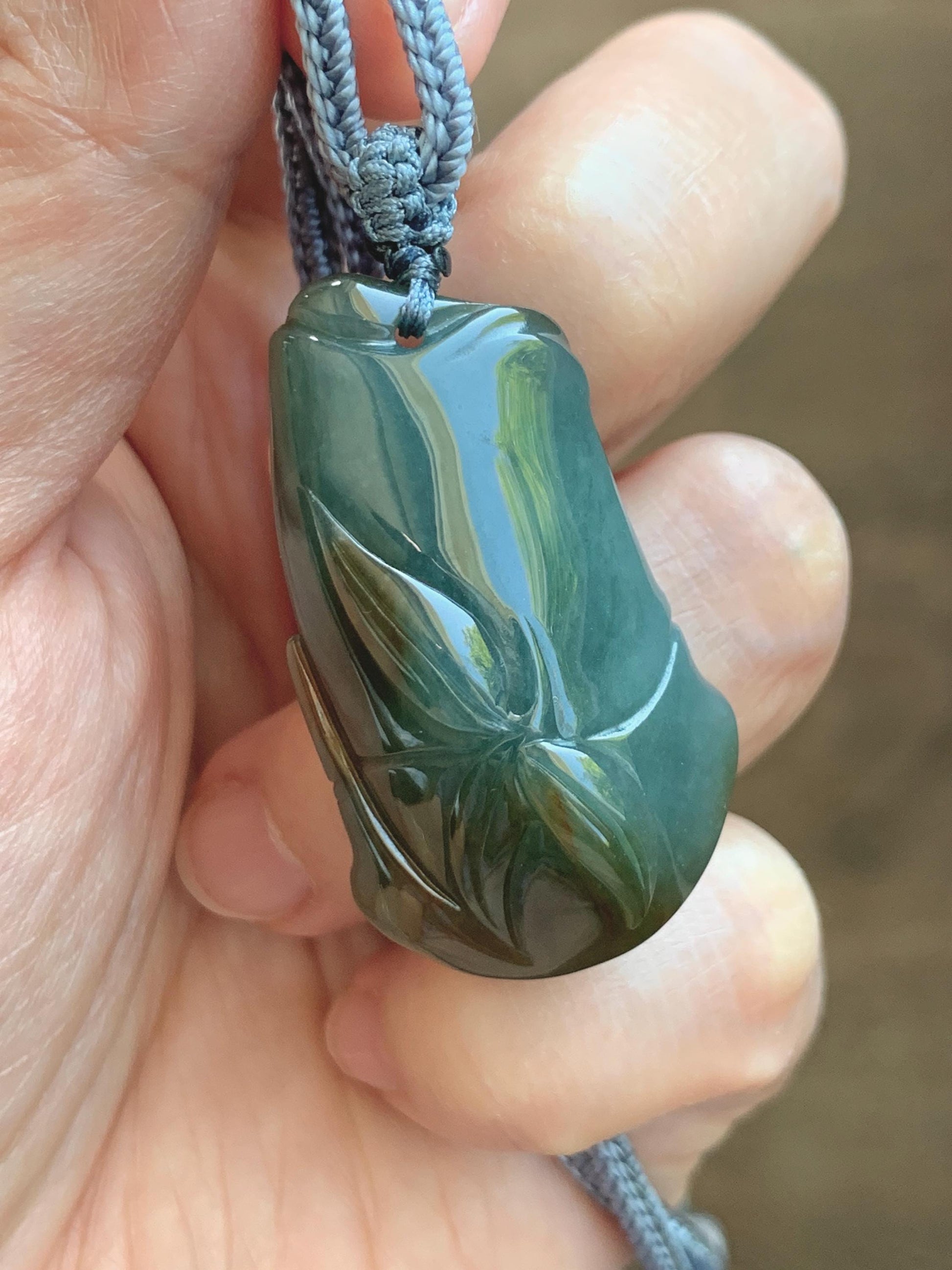 Natural Grade A Guatemalan Icy Translucent Dark Blue Yellow Marbled Jade Jadeite Bamboo Pendant Rope Necklace 27” 21g 天然冰危深蓝撒金翡翠竹节吊坠 WZJ165