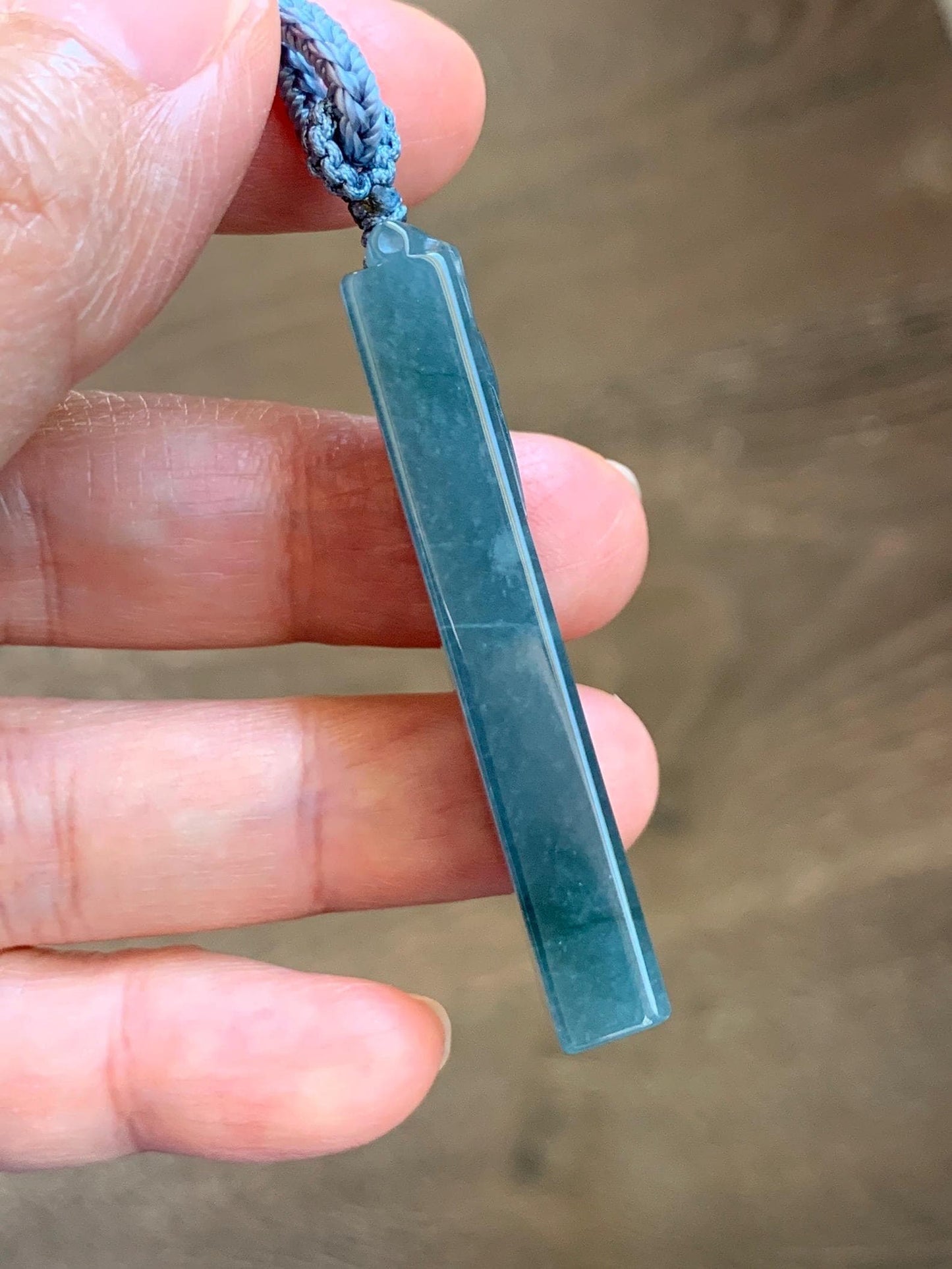 Natural Grade A Guatemalan Icy Translucent Dark Dusty Blue Jade Jadeite Rectangular Pillar Pendant Rope Necklace 27” 18g 天然冰危深蓝翡翠方柱吊坠WZJ88