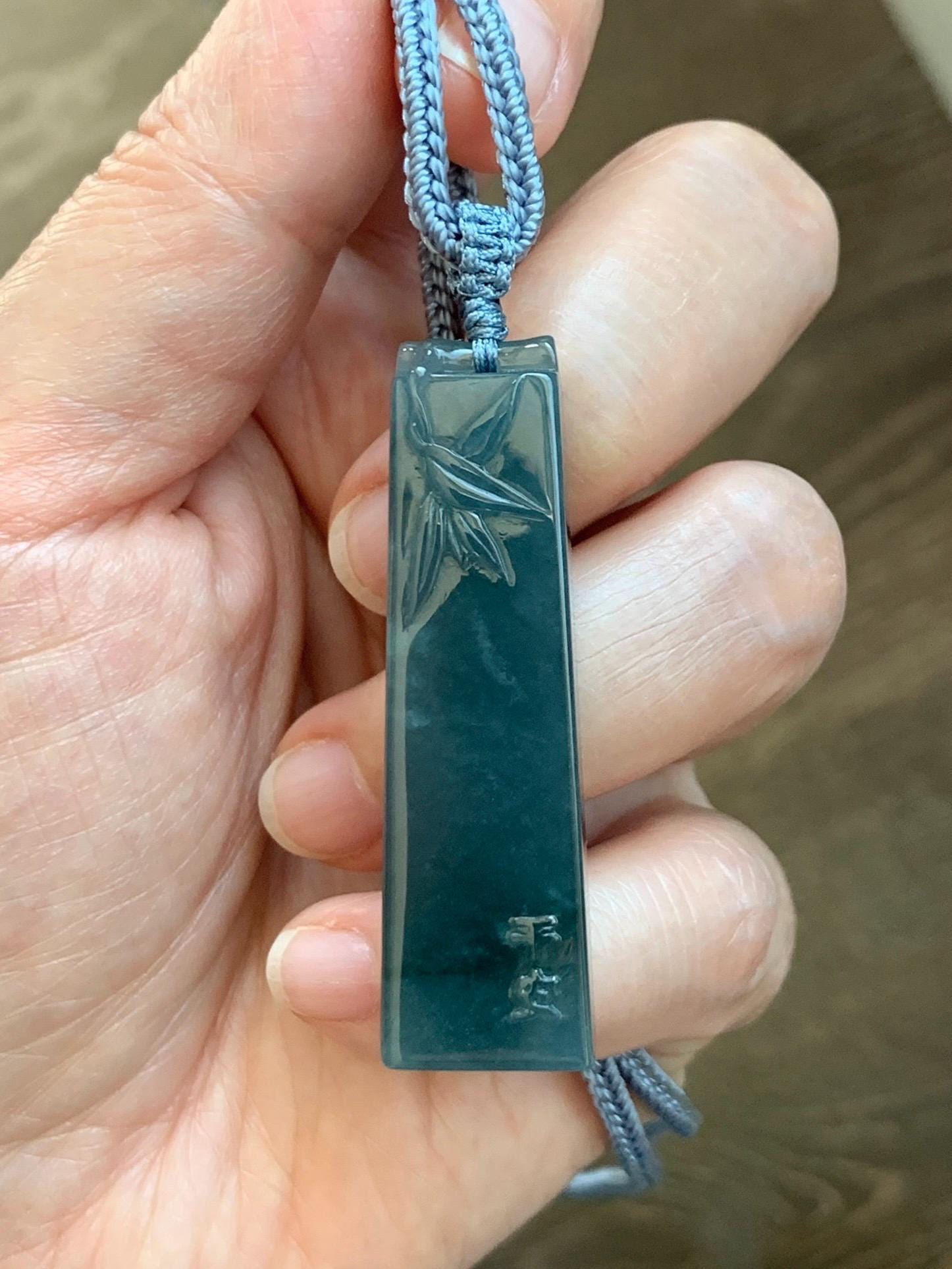Natural Grade A Guatemalan Icy Translucent Dark Dusty Blue Jade Jadeite Rectangular Pillar Pendant Rope Necklace 27” 18g 天然冰危深蓝翡翠方柱吊坠WZJ88