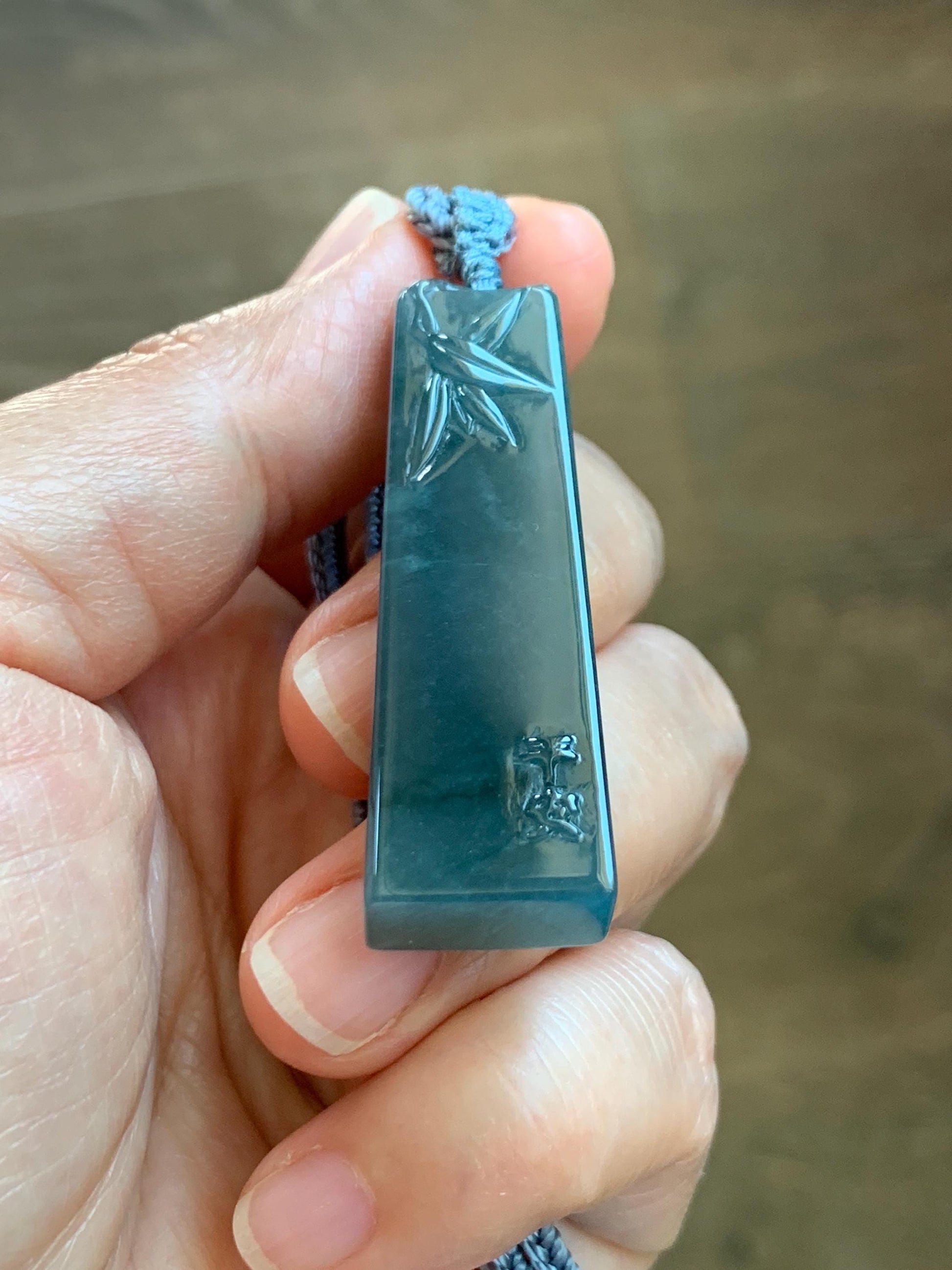 Natural Grade A Guatemalan Icy Translucent Dark Dusty Blue Jade Jadeite Rectangular Pillar Pendant Rope Necklace 27” 18g 天然冰危深蓝翡翠方柱吊坠WZJ88