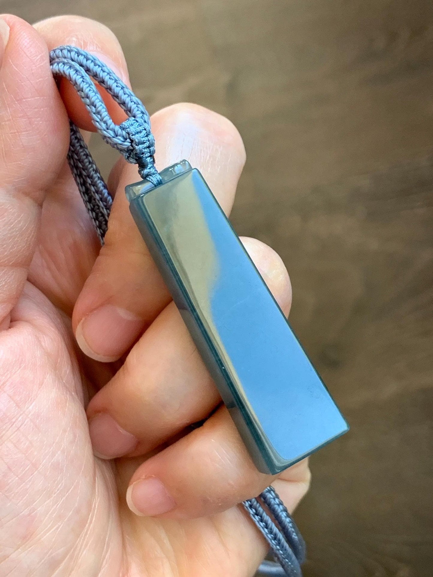 Natural Grade A Guatemalan Icy Translucent Dark Dusty Blue Jade Jadeite Rectangular Pillar Pendant Rope Necklace 27” 18g 天然冰危深蓝翡翠方柱吊坠WZJ88