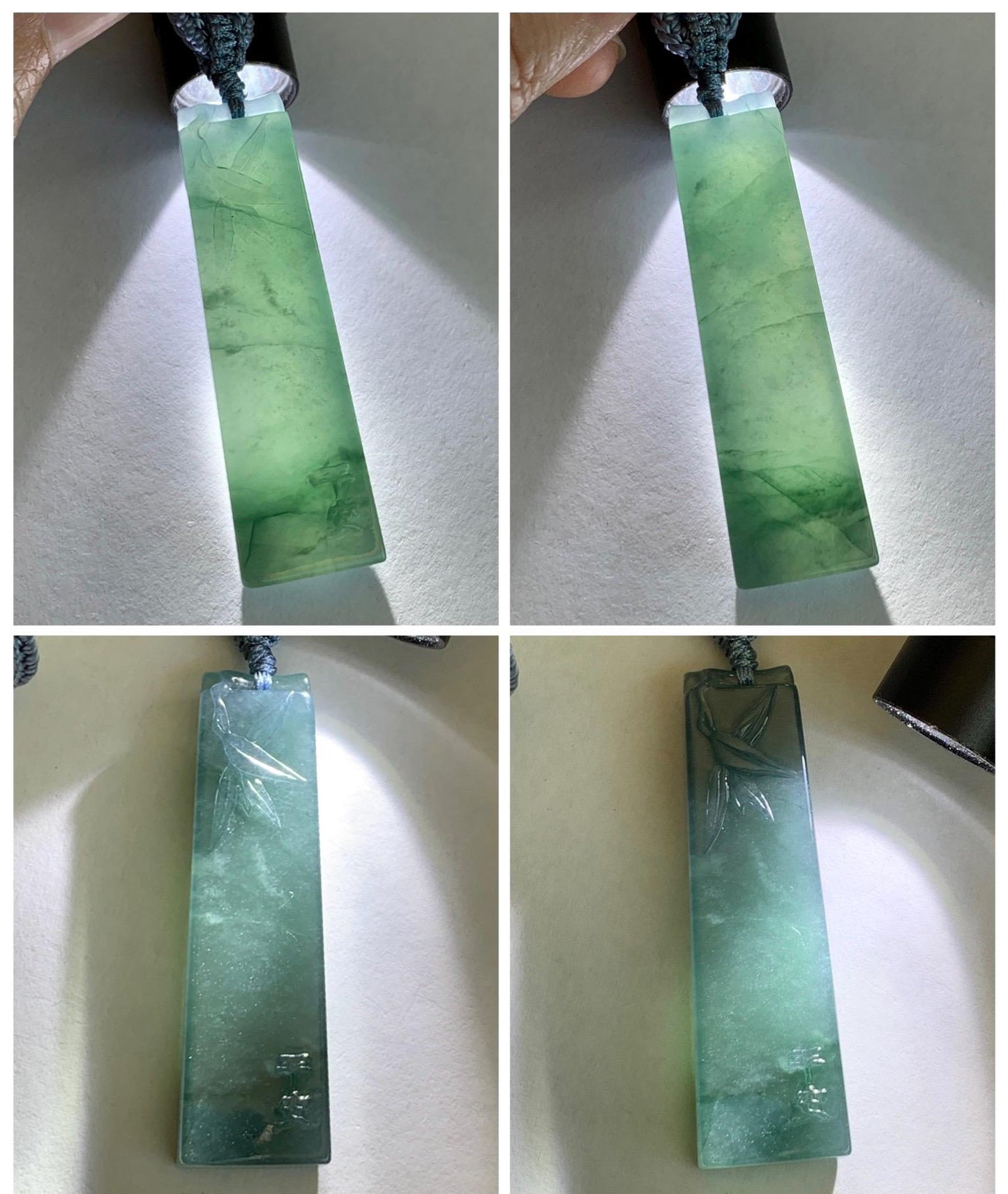 Natural Grade A Guatemalan Icy Translucent Dark Dusty Blue Jade Jadeite Rectangular Pillar Pendant Rope Necklace 27” 18g 天然冰危深蓝翡翠方柱吊坠WZJ88