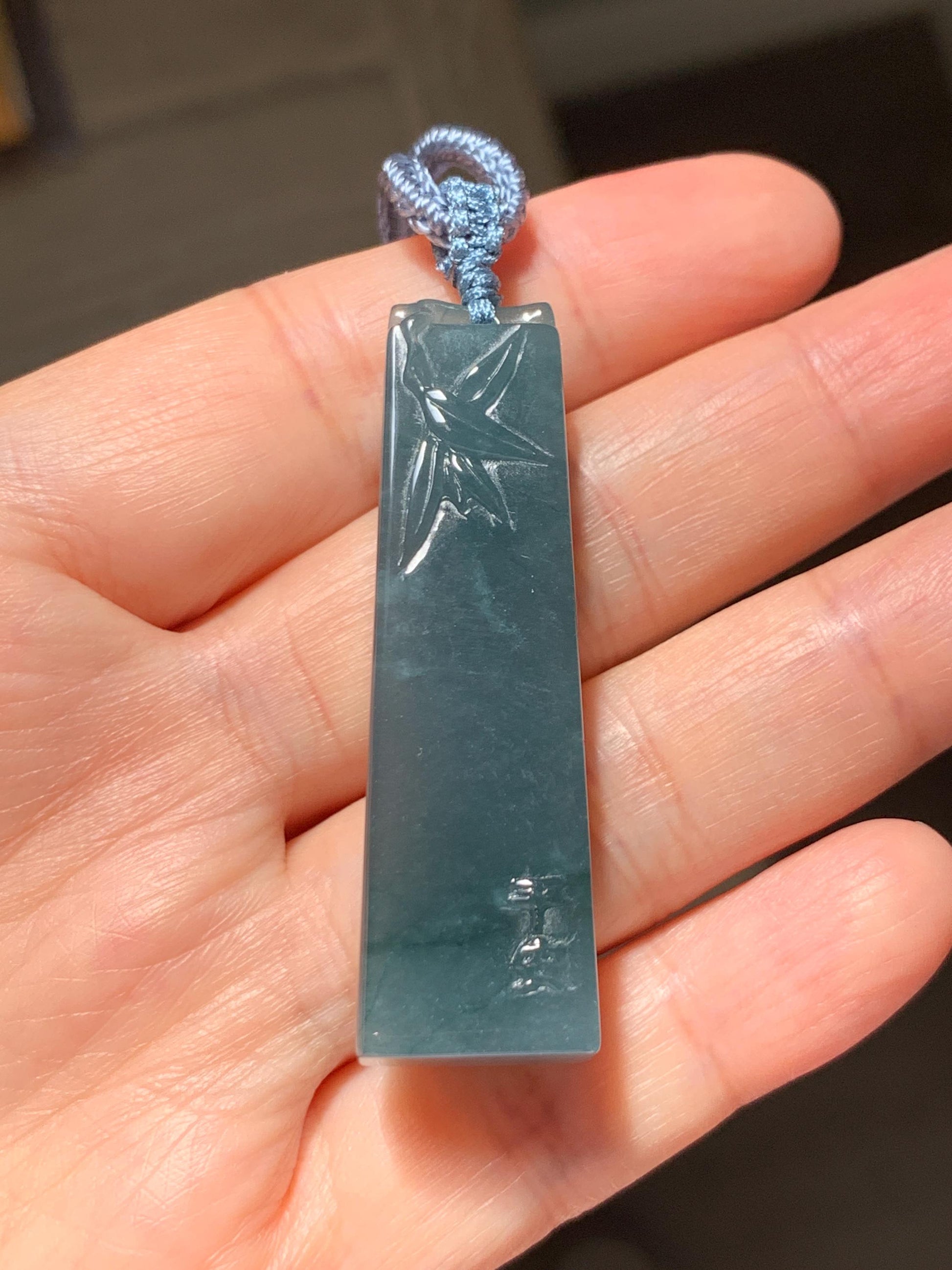 Natural Grade A Guatemalan Icy Translucent Dark Dusty Blue Jade Jadeite Rectangular Pillar Pendant Rope Necklace 27” 18g 天然冰危深蓝翡翠方柱吊坠WZJ88