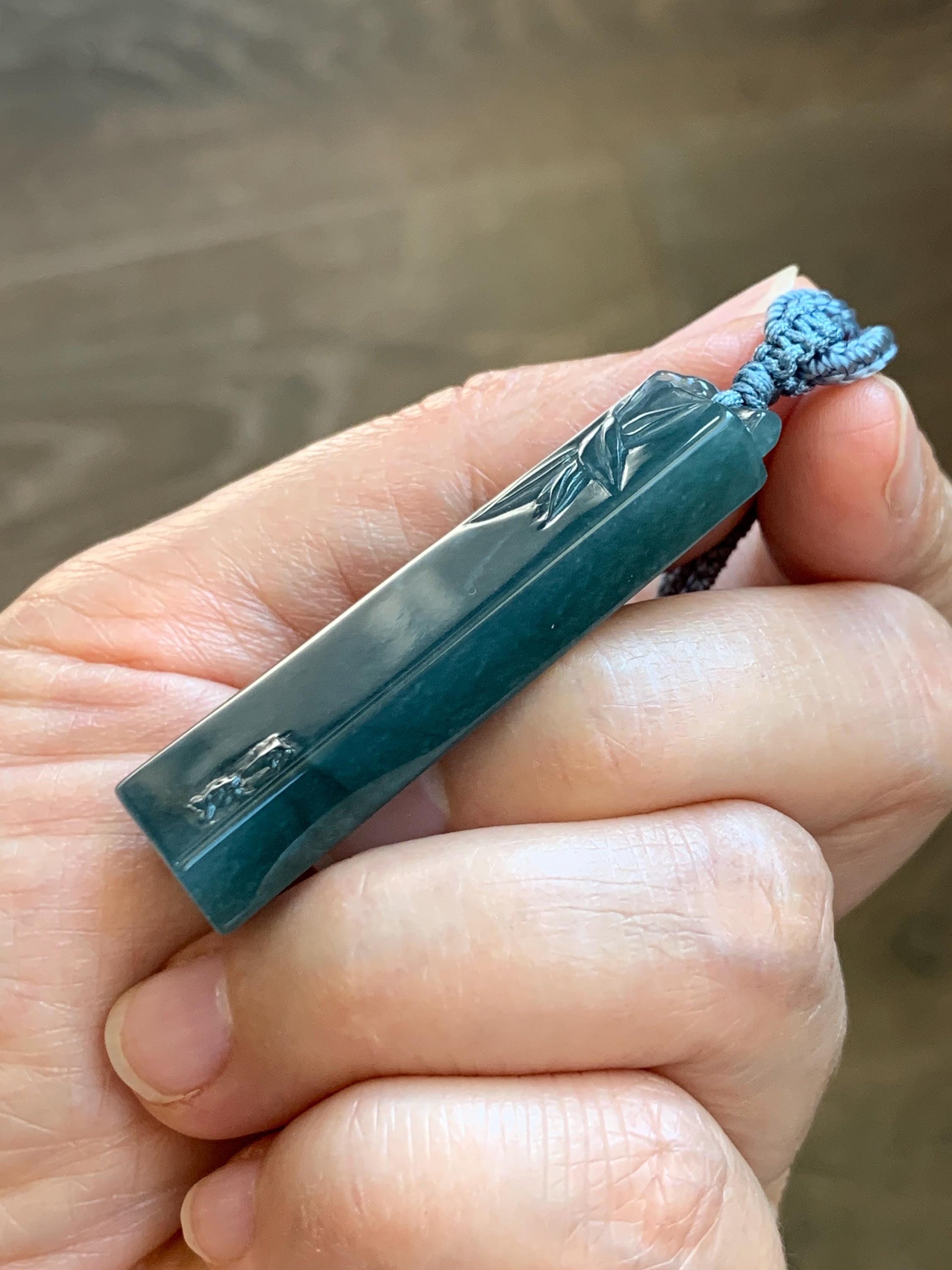 Natural Grade A Guatemalan Icy Translucent Dark Dusty Blue Jade Jadeite Rectangular Pillar Pendant Rope Necklace 27” 18g 天然冰危深蓝翡翠方柱吊坠WZJ88