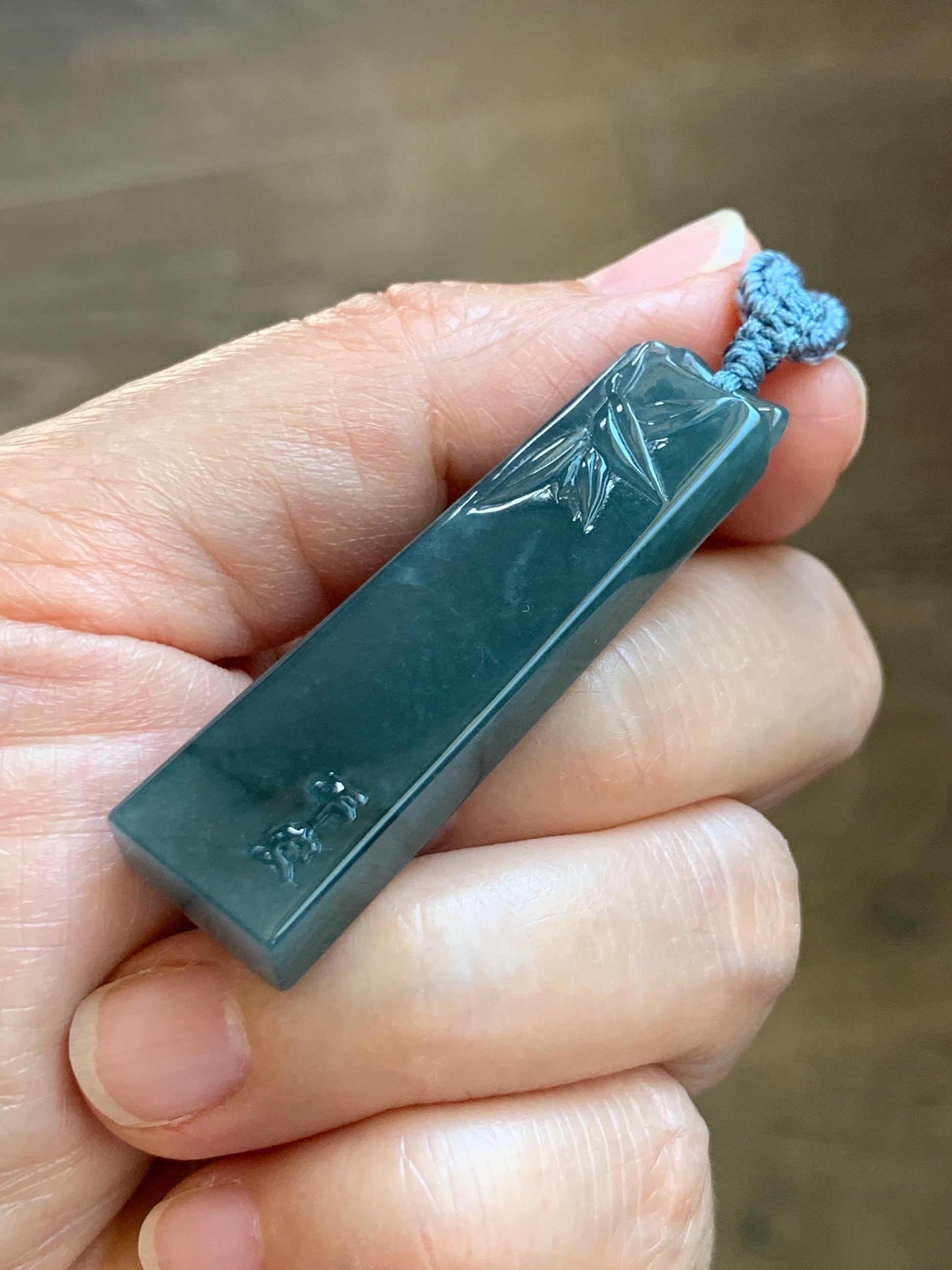 Natural Grade A Guatemalan Icy Translucent Dark Dusty Blue Jade Jadeite Rectangular Pillar Pendant Rope Necklace 27” 18g 天然冰危深蓝翡翠方柱吊坠WZJ88