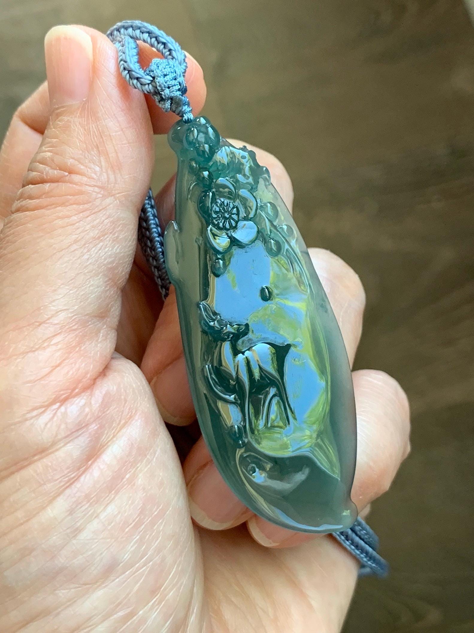 Natural Grade A Guatemalan Icy Translucent Dark Teal Green Jade Jadeite Deer Cherry Blossom Pendant Rope Necklace 27” 天然冰胶危深蓝绿翡翠梅花鹿吊坠 WML220