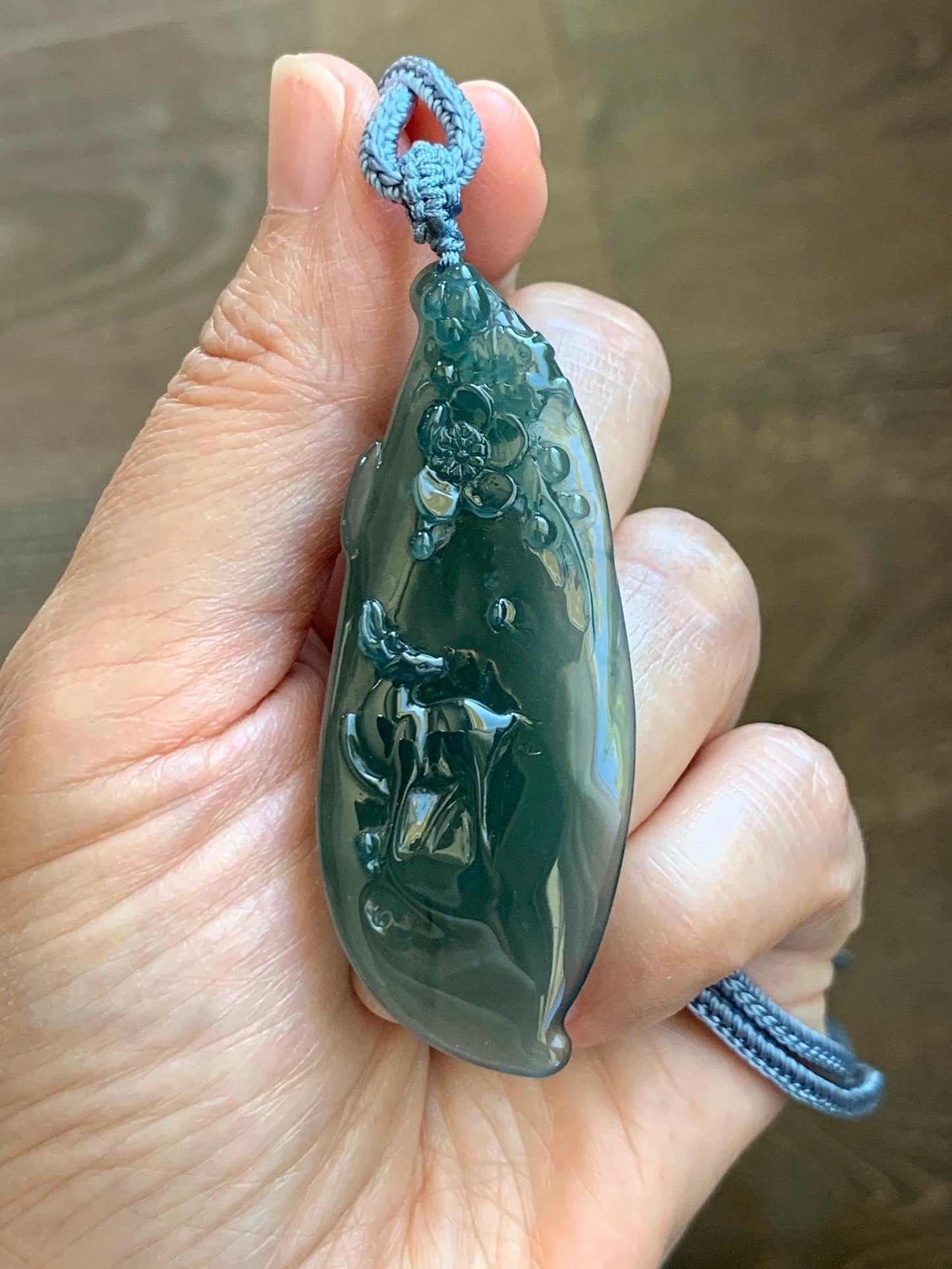 Natural Grade A Guatemalan Icy Translucent Dark Teal Green Jade Jadeite Deer Cherry Blossom Pendant Rope Necklace 27” 天然冰胶危深蓝绿翡翠梅花鹿吊坠 WML220