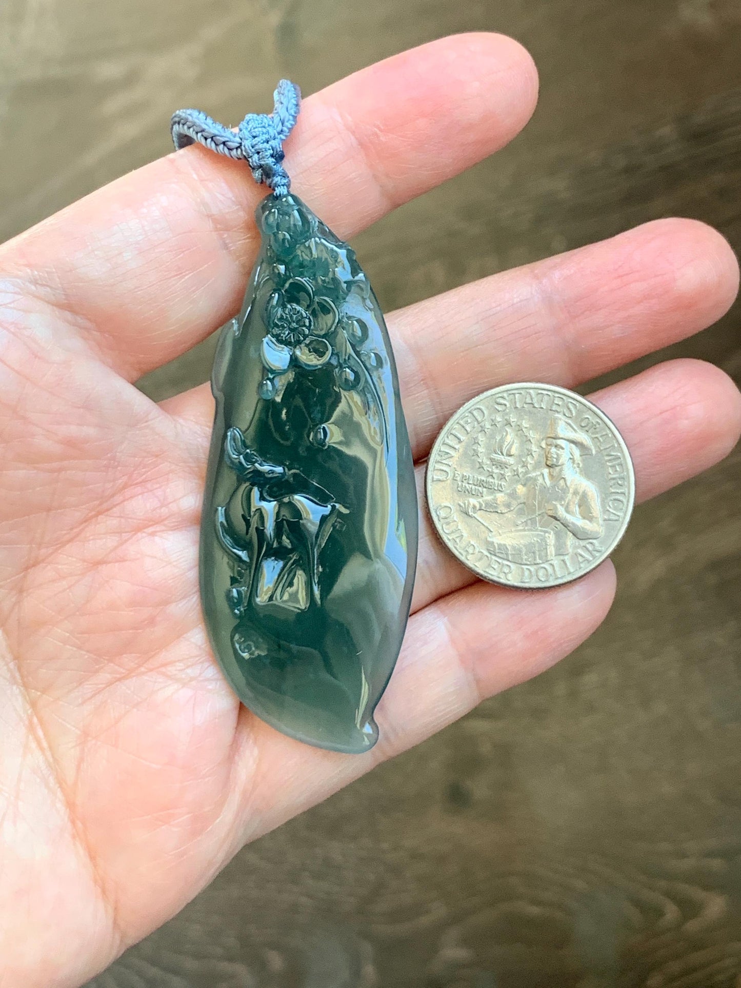 Natural Grade A Guatemalan Icy Translucent Dark Teal Green Jade Jadeite Deer Cherry Blossom Pendant Rope Necklace 27” 天然冰胶危深蓝绿翡翠梅花鹿吊坠 WML220