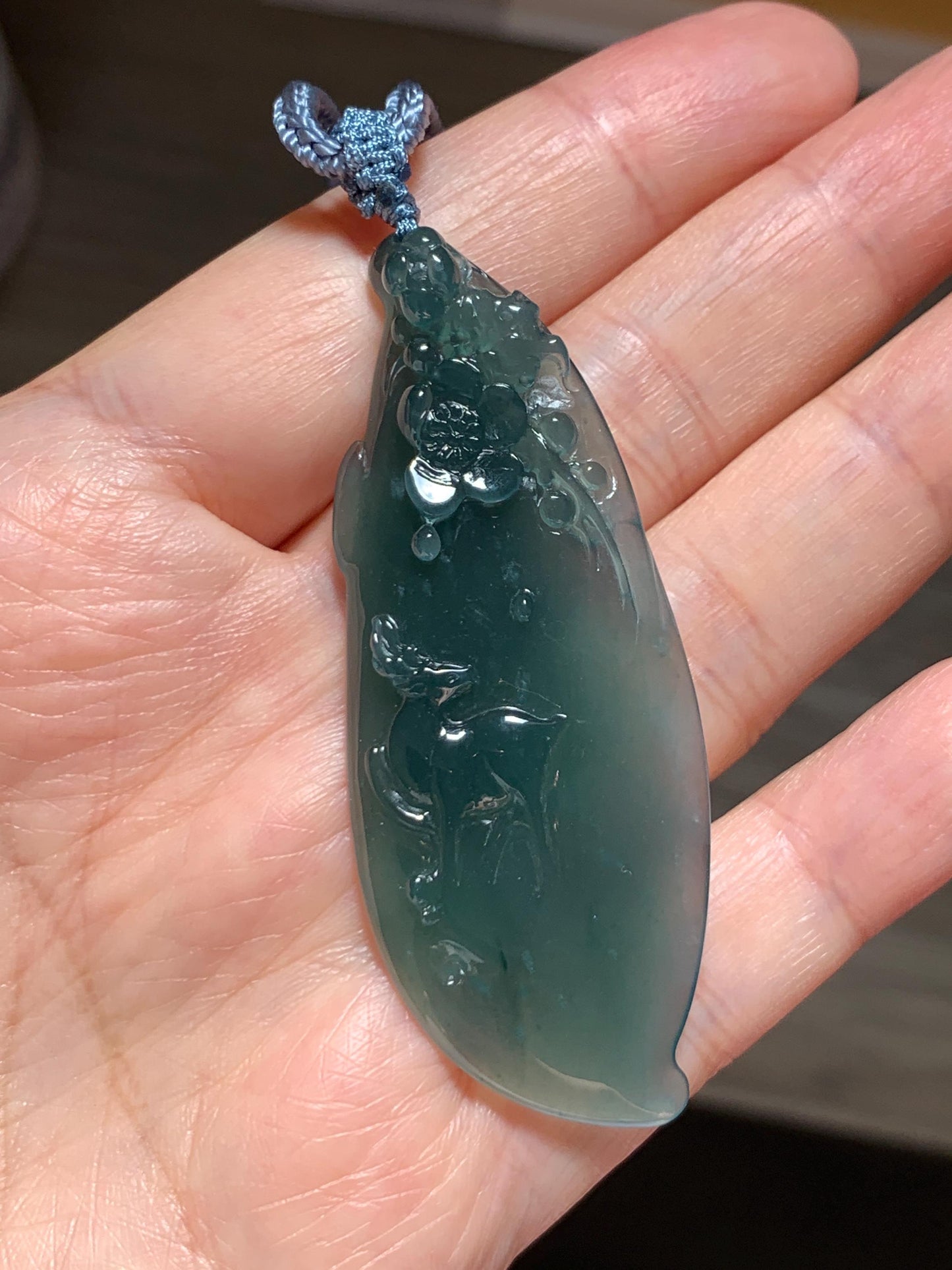 Natural Grade A Guatemalan Icy Translucent Dark Teal Green Jade Jadeite Deer Cherry Blossom Pendant Rope Necklace 27” 天然冰胶危深蓝绿翡翠梅花鹿吊坠 WML220