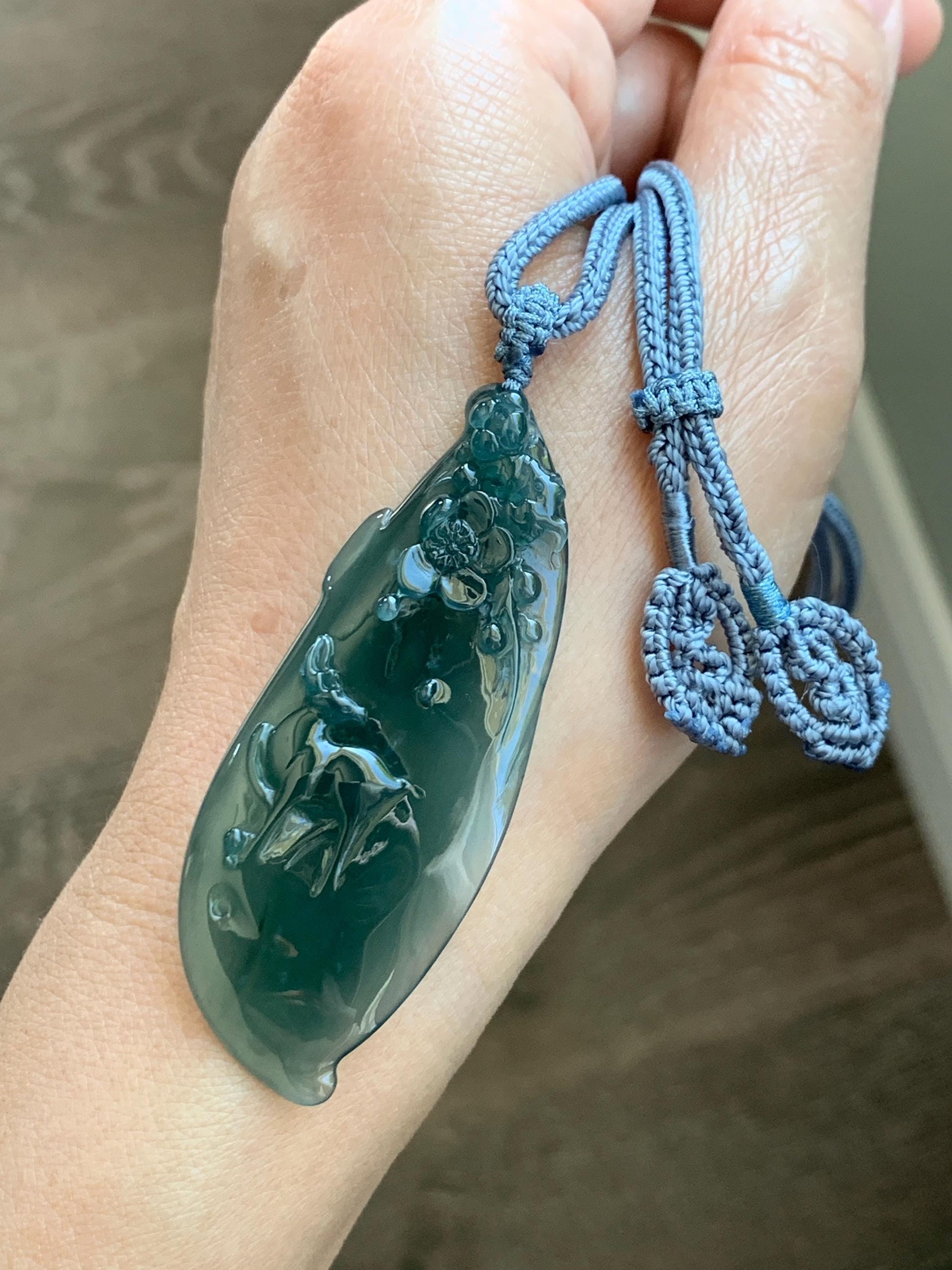 Natural Grade A Guatemalan Icy Translucent Dark Teal Green Jade Jadeite Deer Cherry Blossom Pendant Rope Necklace 27” 天然冰胶危深蓝绿翡翠梅花鹿吊坠 WML220