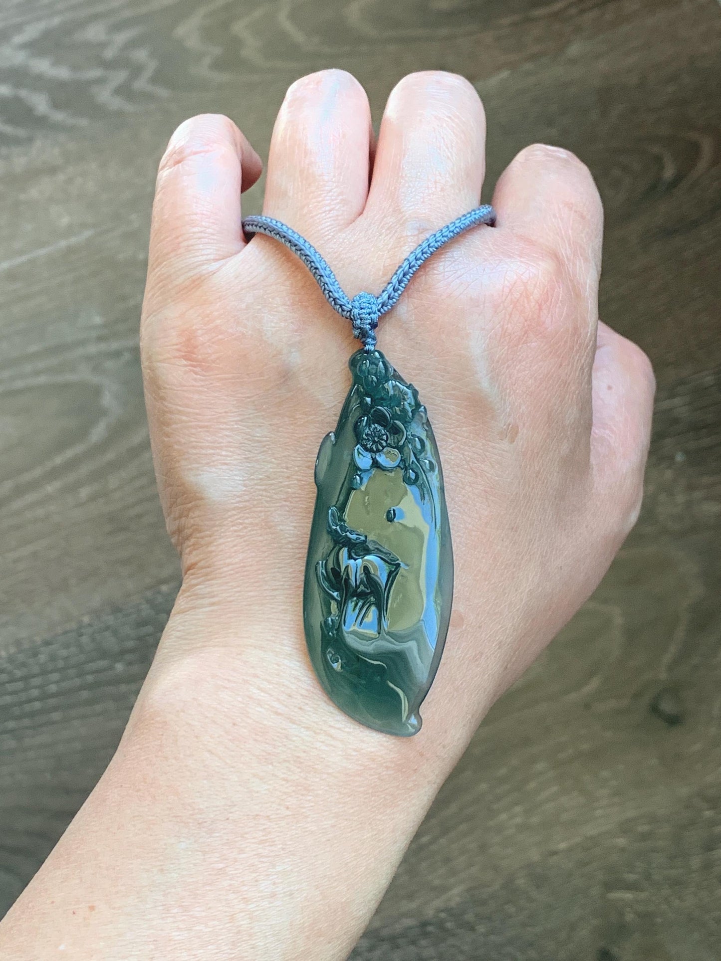 Natural Grade A Guatemalan Icy Translucent Dark Teal Green Jade Jadeite Deer Cherry Blossom Pendant Rope Necklace 27” 天然冰胶危深蓝绿翡翠梅花鹿吊坠 WML220