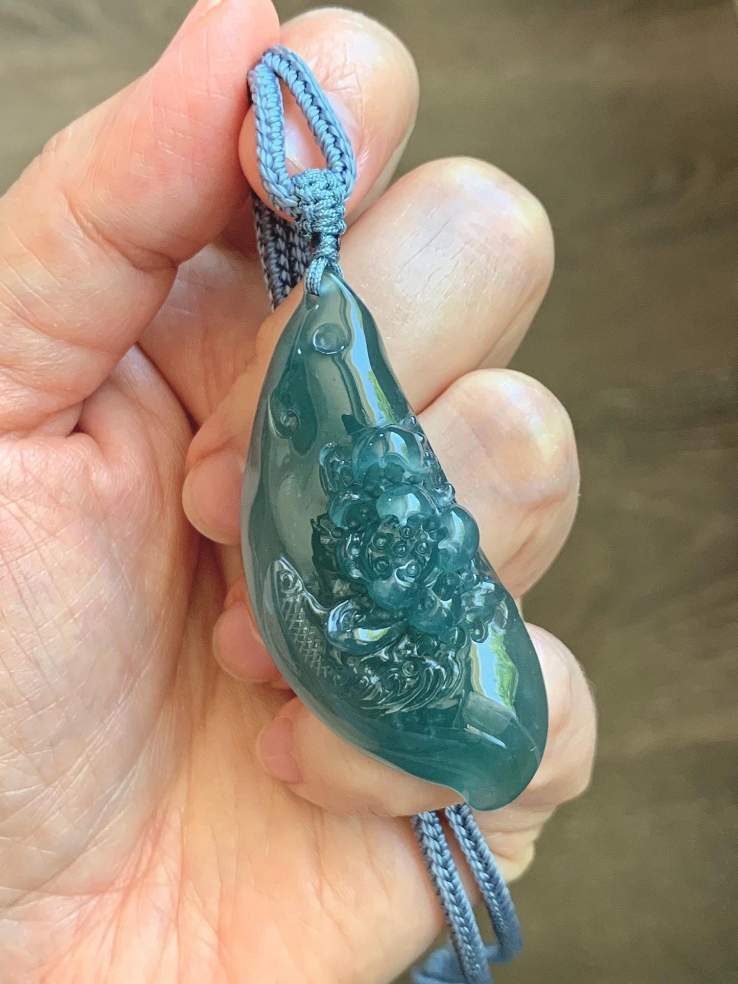 Certified Natural Grade A Guatemalan Icy Dark Teal Blue Jade Jadeite Lotus Flower Koi Fish Pendant Rope Necklace 27” 18g 天然冰危蓝绿翡翠莲花鱼吊坠 1159