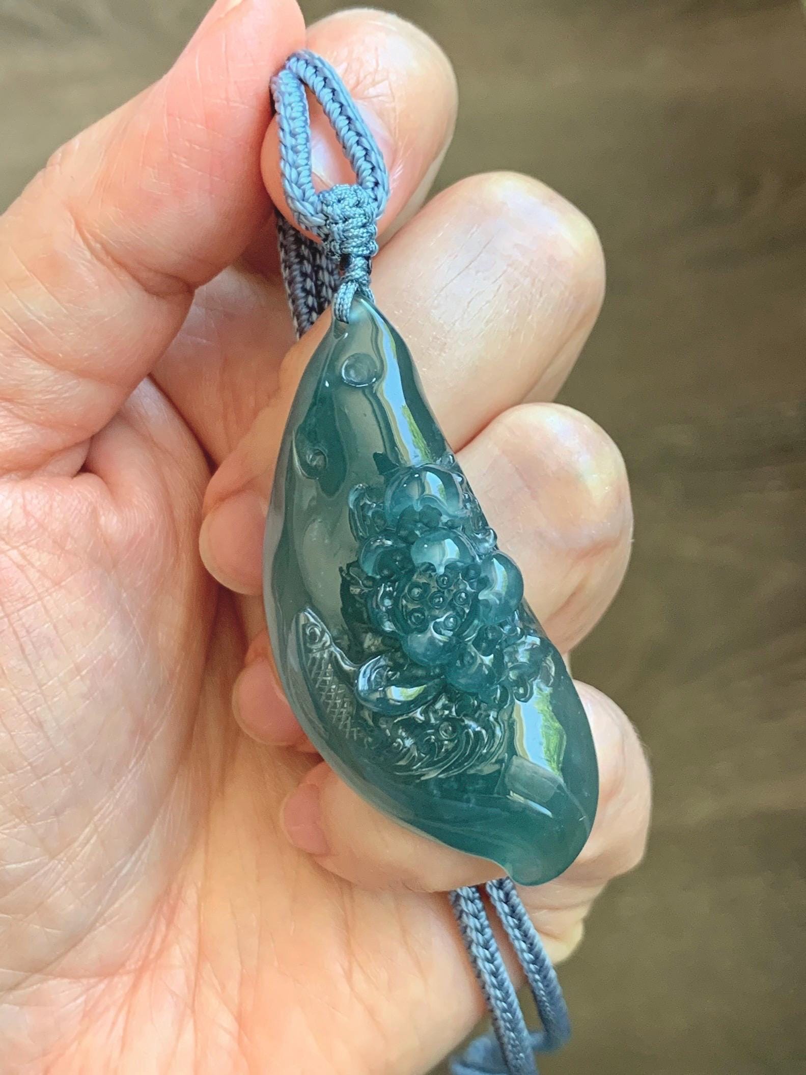 Certified Natural Grade A Guatemalan Icy Dark Teal Blue Jade Jadeite Lotus Flower Koi Fish Pendant Rope Necklace 27” 18g 天然冰危蓝绿翡翠莲花鱼吊坠 1159