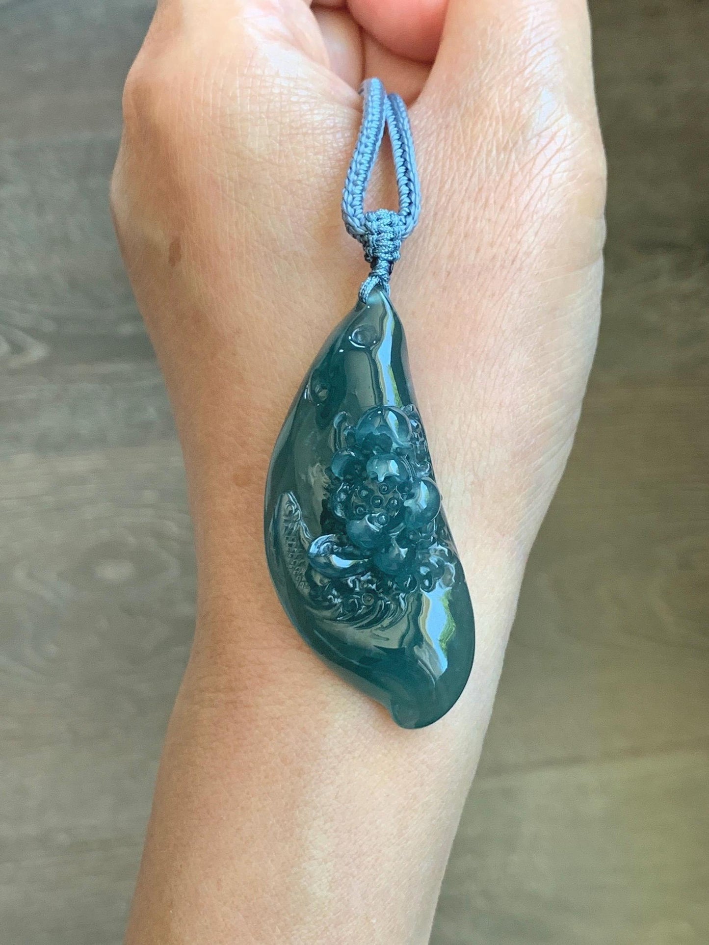 Certified Natural Grade A Guatemalan Icy Dark Teal Blue Jade Jadeite Lotus Flower Koi Fish Pendant Rope Necklace 27” 18g 天然冰危蓝绿翡翠莲花鱼吊坠 1159