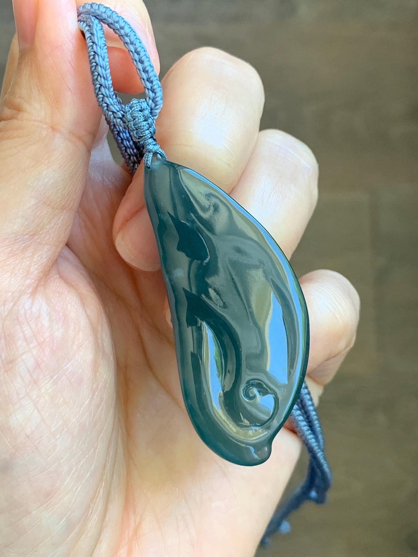 Certified Natural Grade A Guatemalan Icy Dark Teal Blue Jade Jadeite Lotus Flower Koi Fish Pendant Rope Necklace 27” 18g 天然冰危蓝绿翡翠莲花鱼吊坠 1159