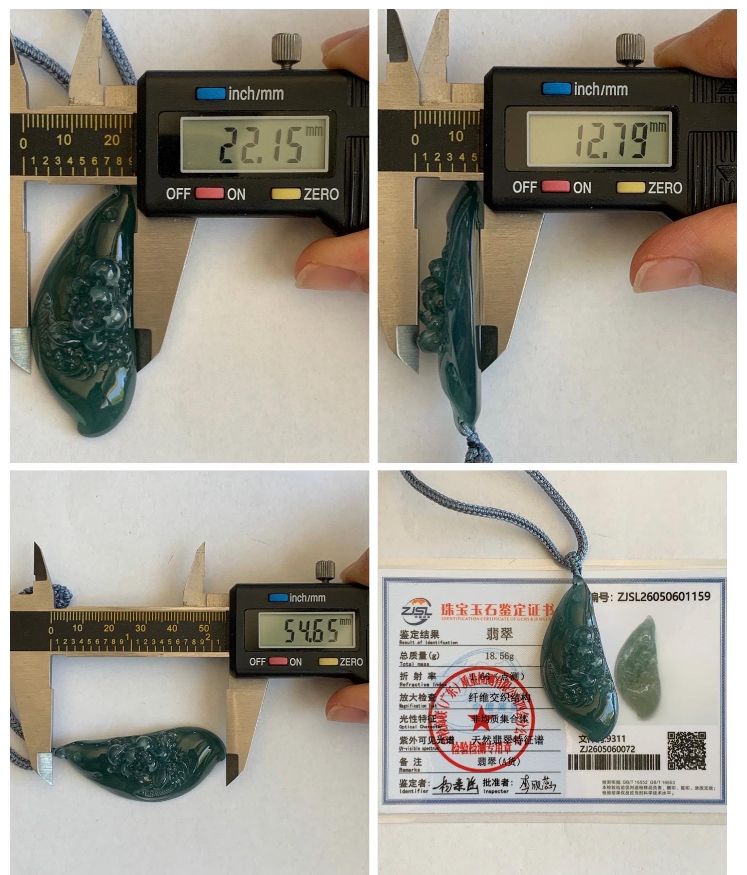 Certified Natural Grade A Guatemalan Icy Dark Teal Blue Jade Jadeite Lotus Flower Koi Fish Pendant Rope Necklace 27” 18g 天然冰危蓝绿翡翠莲花鱼吊坠 1159