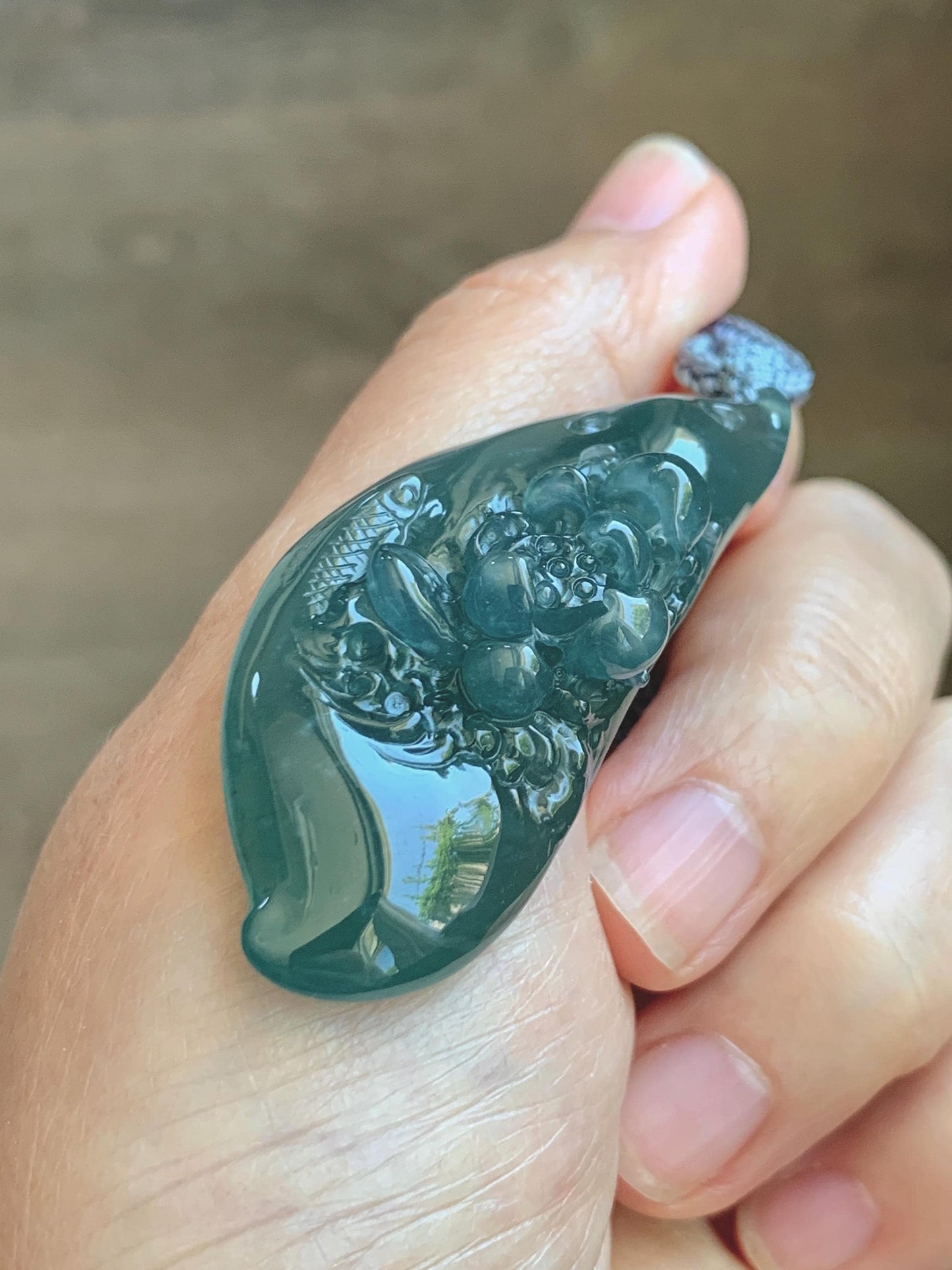 Certified Natural Grade A Guatemalan Icy Dark Teal Blue Jade Jadeite Lotus Flower Koi Fish Pendant Rope Necklace 27” 18g 天然冰危蓝绿翡翠莲花鱼吊坠 1159